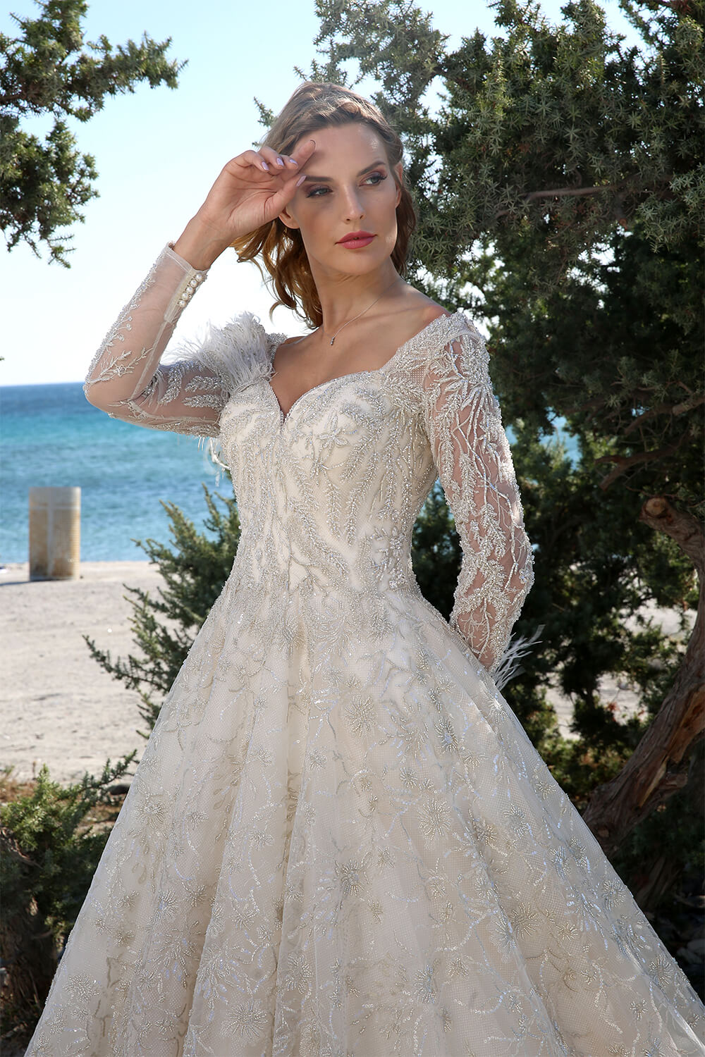 A-Line Bead Enbroidered Wedding Dress with Train