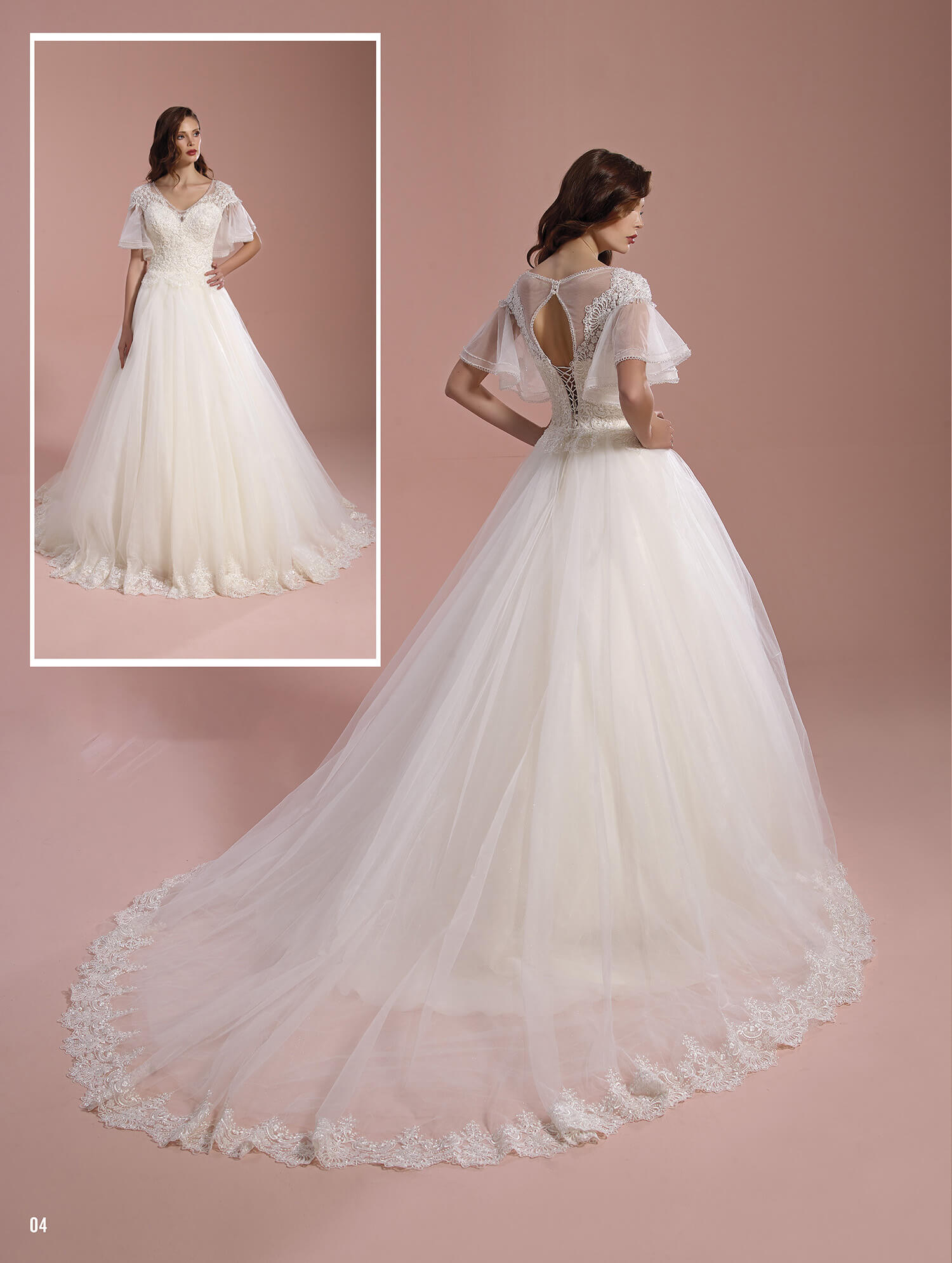 Illusion Neck Butterfly Sleeve Lace A-Line Wedding Dress
