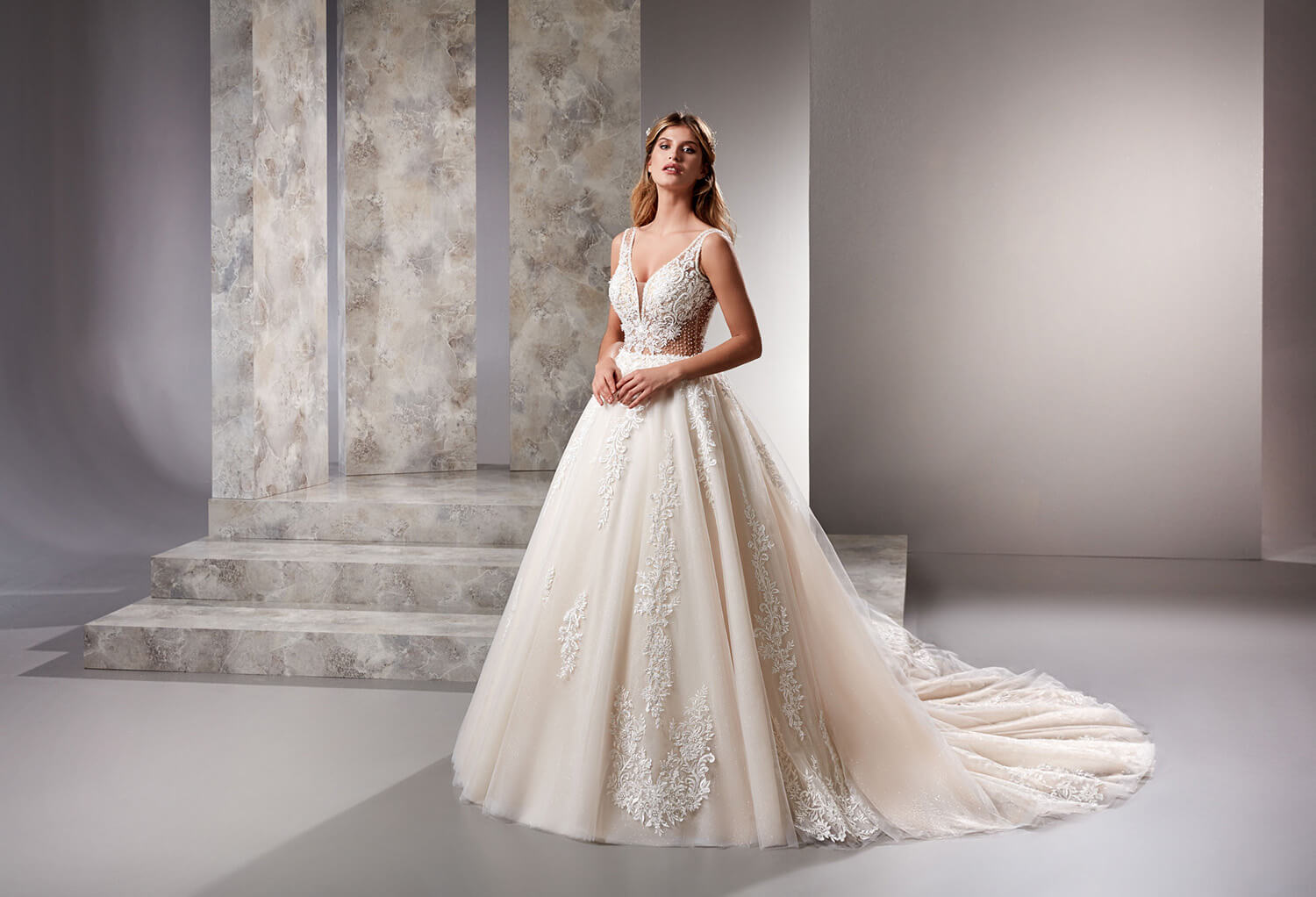 Lace Embroidered Ecru A-Line Wedding Dress with Thick Straps