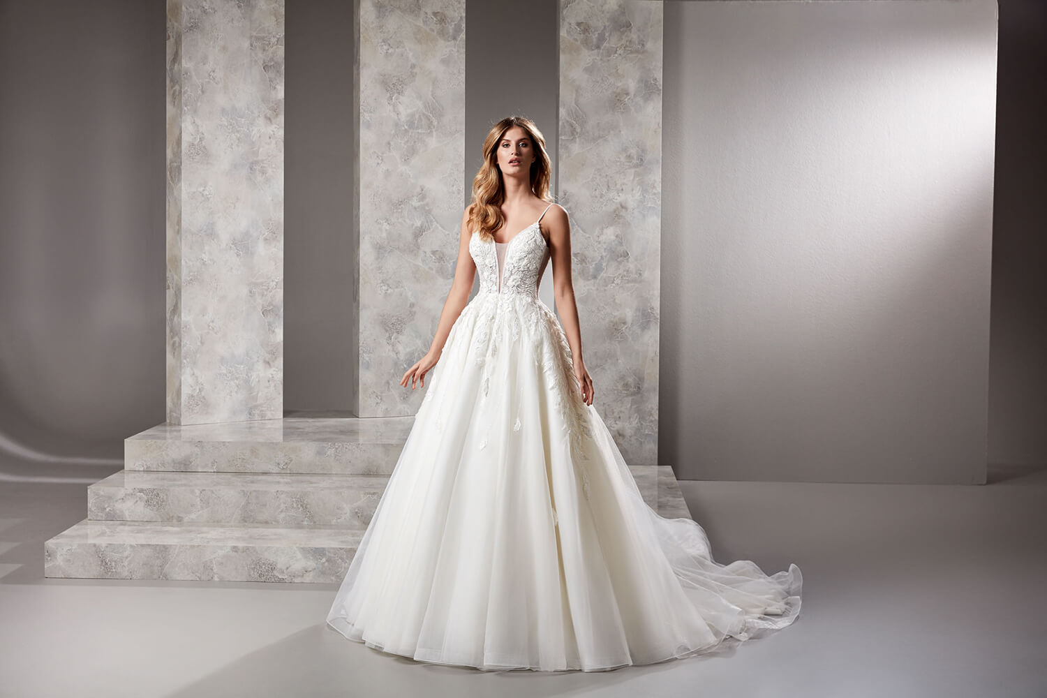 Leaf Patterned Decollete A-Line Wedding Dress with Symmetrical Straps