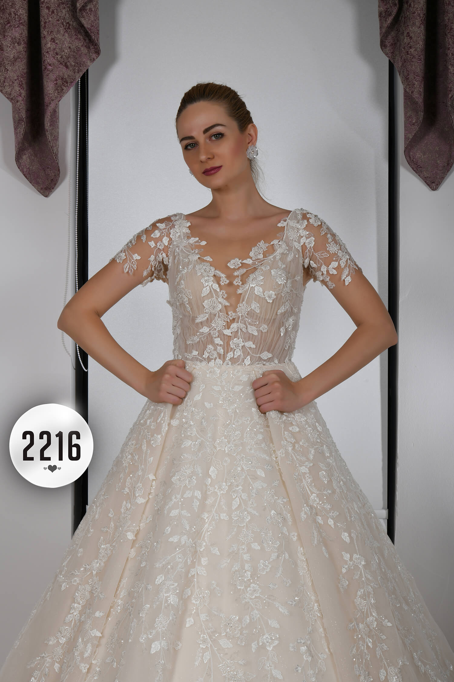 Ecru A-Line Wedding Dress with Short Sleeves Three Dimensional Backless Neckline