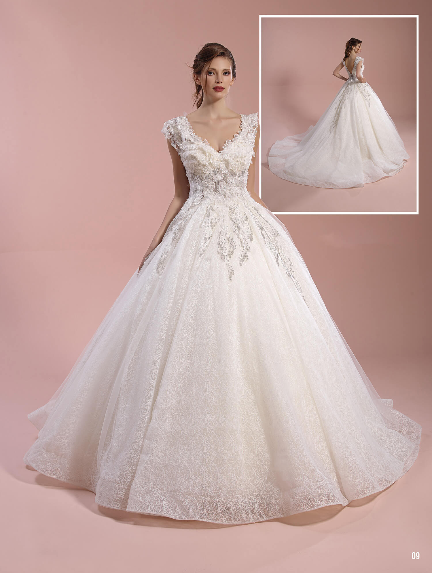 Three-Dimensional Floral V-Neck A-Line Wedding Dress with Low-Cut Back