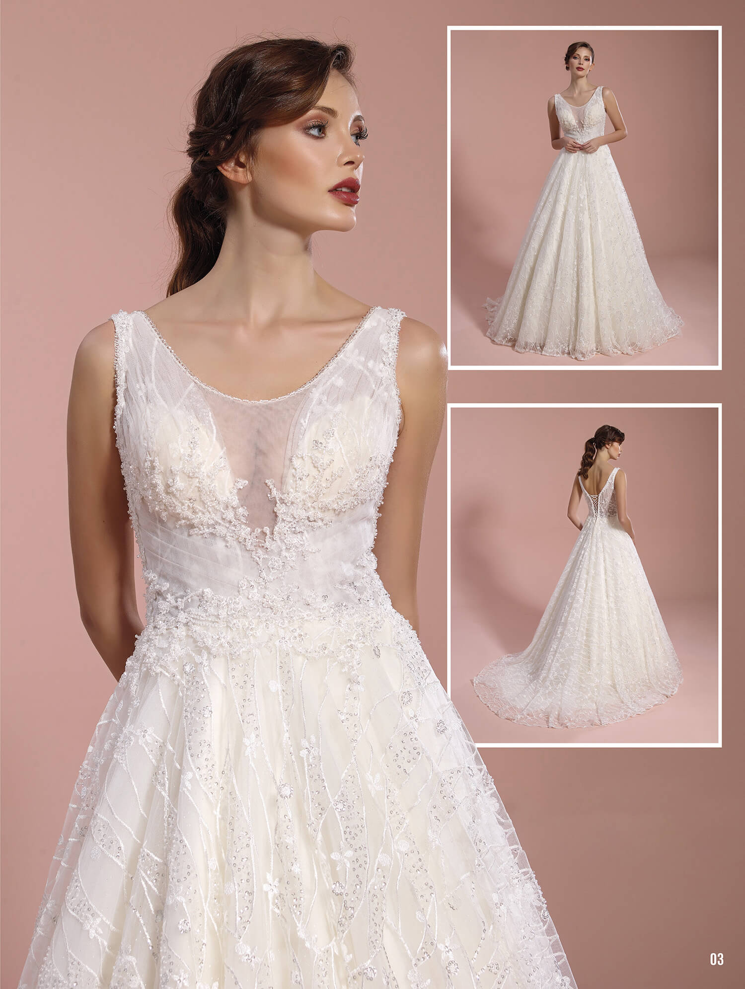 U-Neck Sequin Embroidered Deep Decollete A-Line Wedding Dress