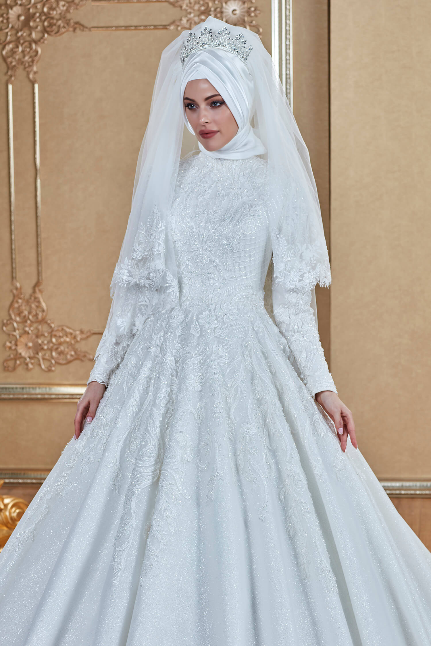 Long Sleeve 3D Embroidered A-Line Hijab Wedding Dress