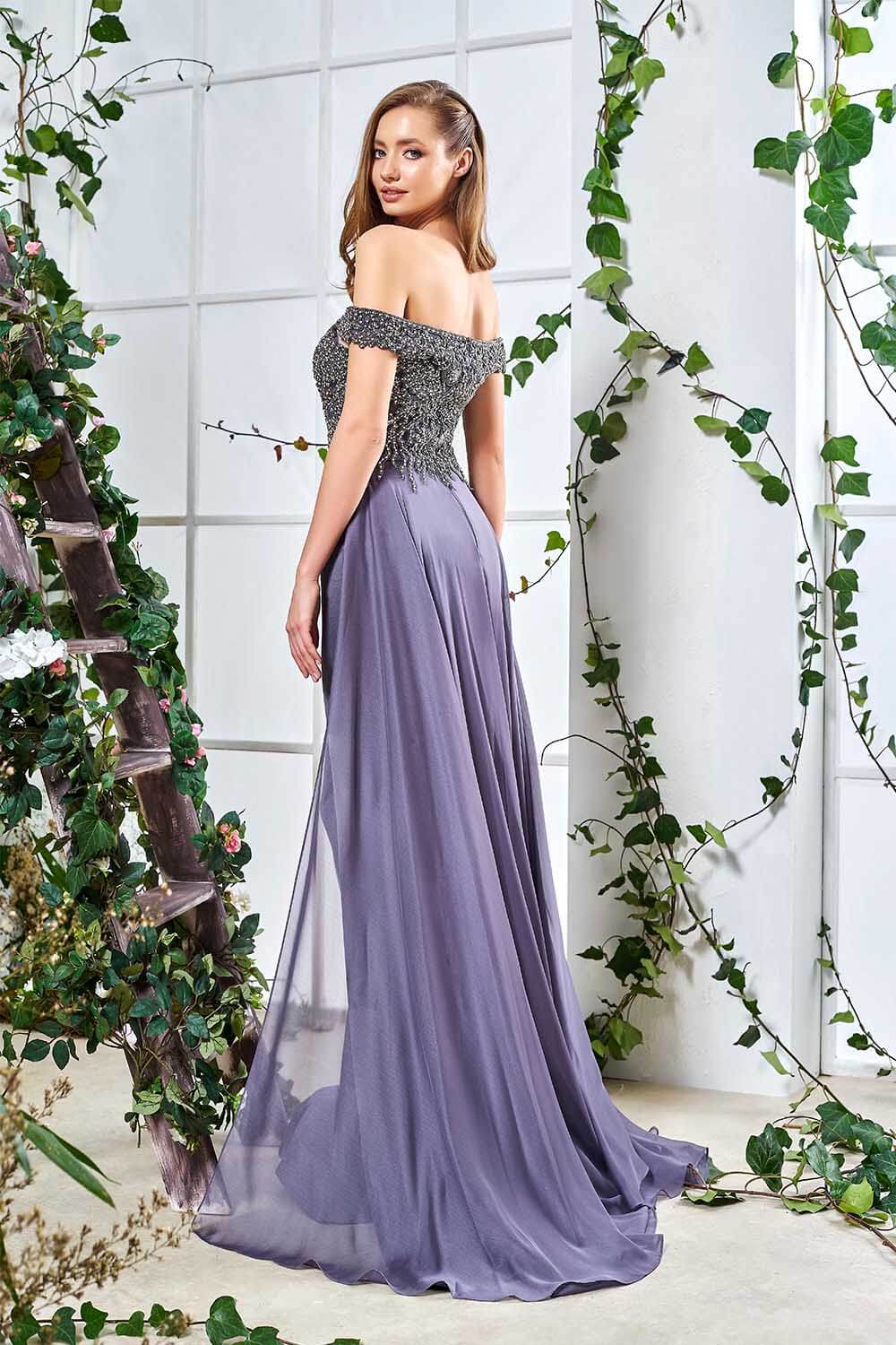 Boat Neck Tulle Caped Purple Evening Dress with Leg Slit