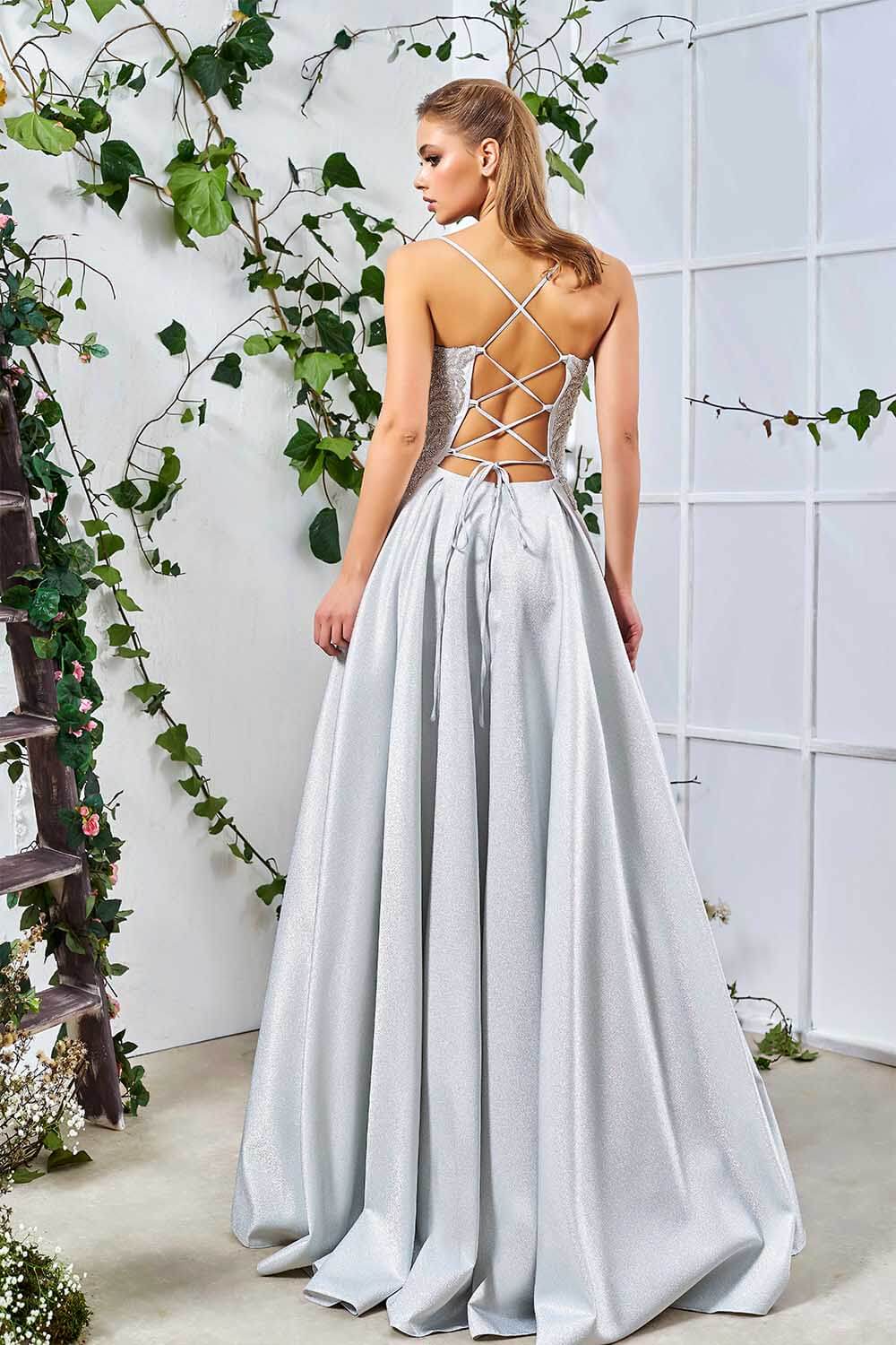 Long Gray Evening Dress with Stones and Thin Straps