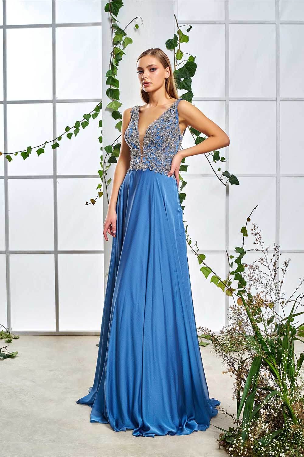 Stone Embroidered Blue Long Satin Evening Dress