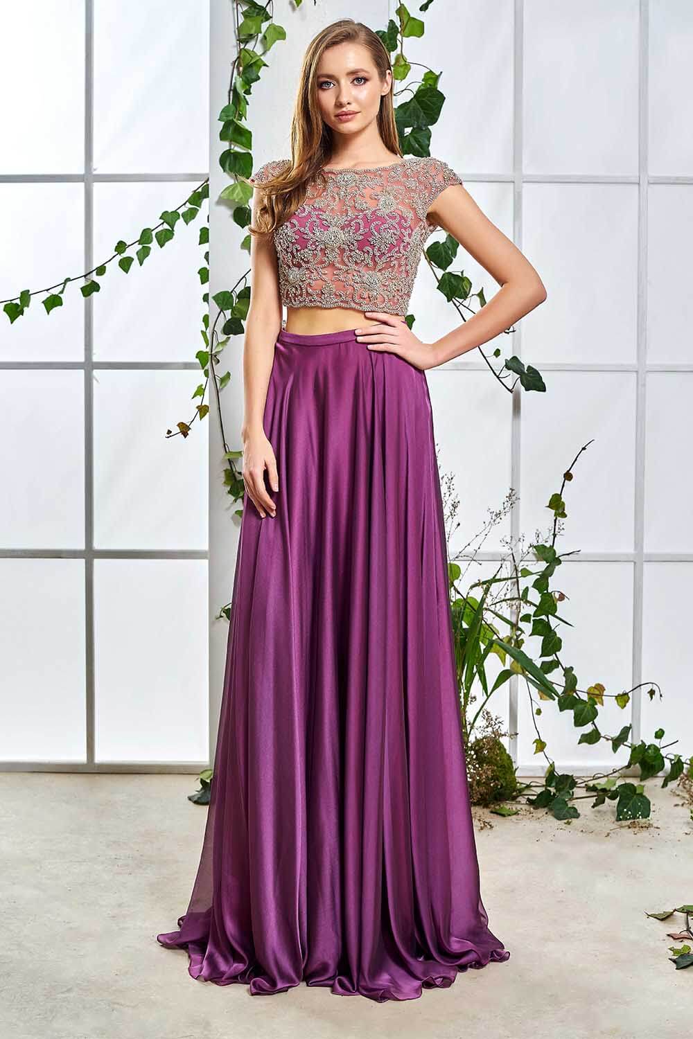 Stone Embroidered Transparent Purple Long Evening Dress