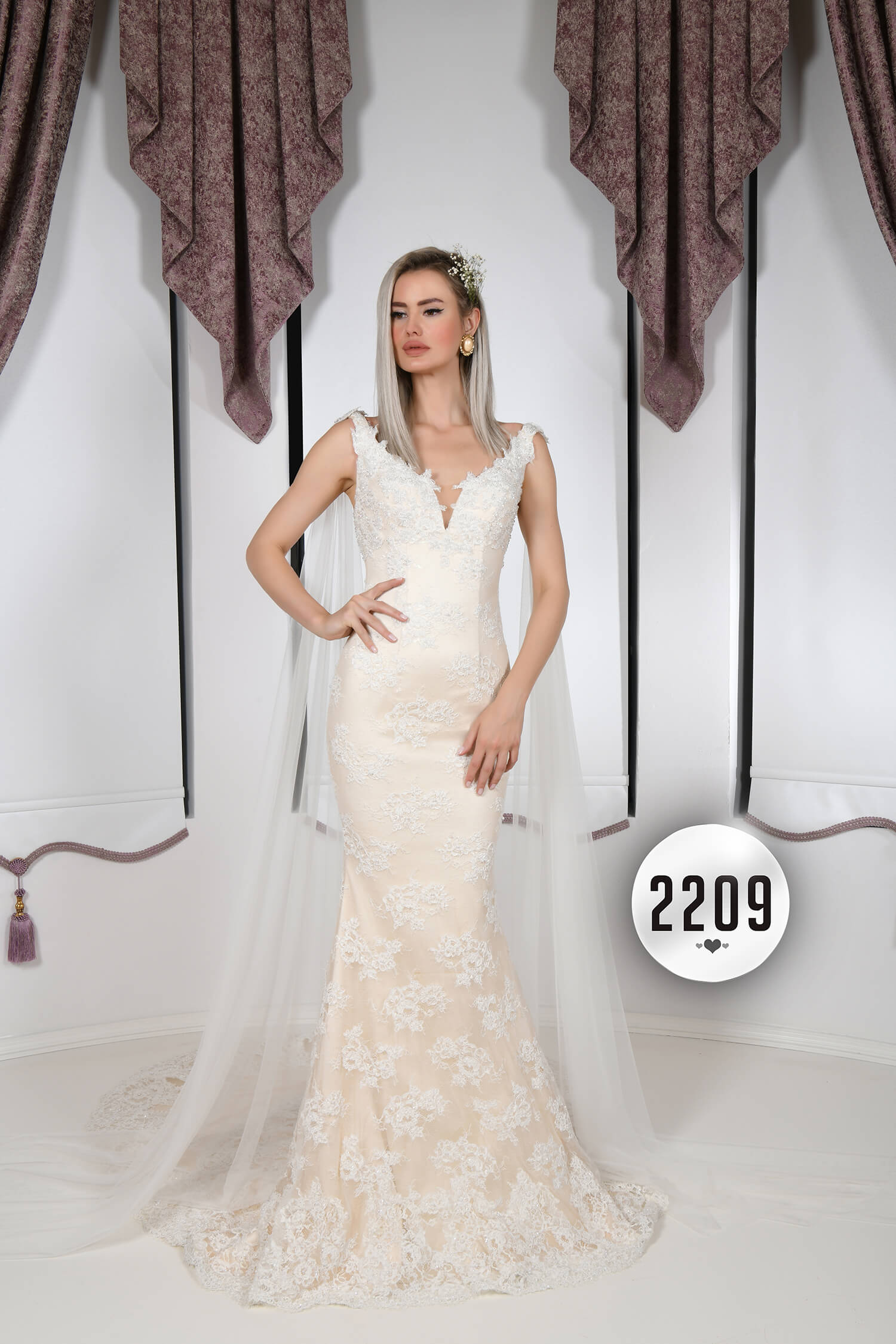 Deep V-Neck A-Line Wedding Dress with Shoulder Cape Detail