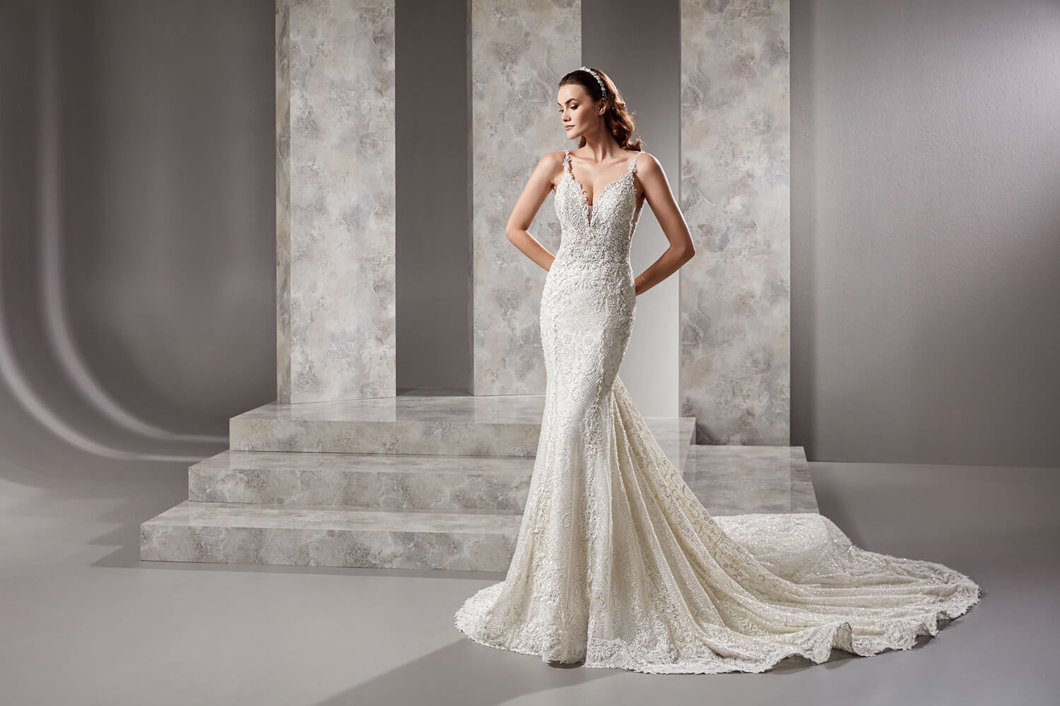 Deep V-Neck Lace Embroidered Tail Mermaid Wedding Dress
