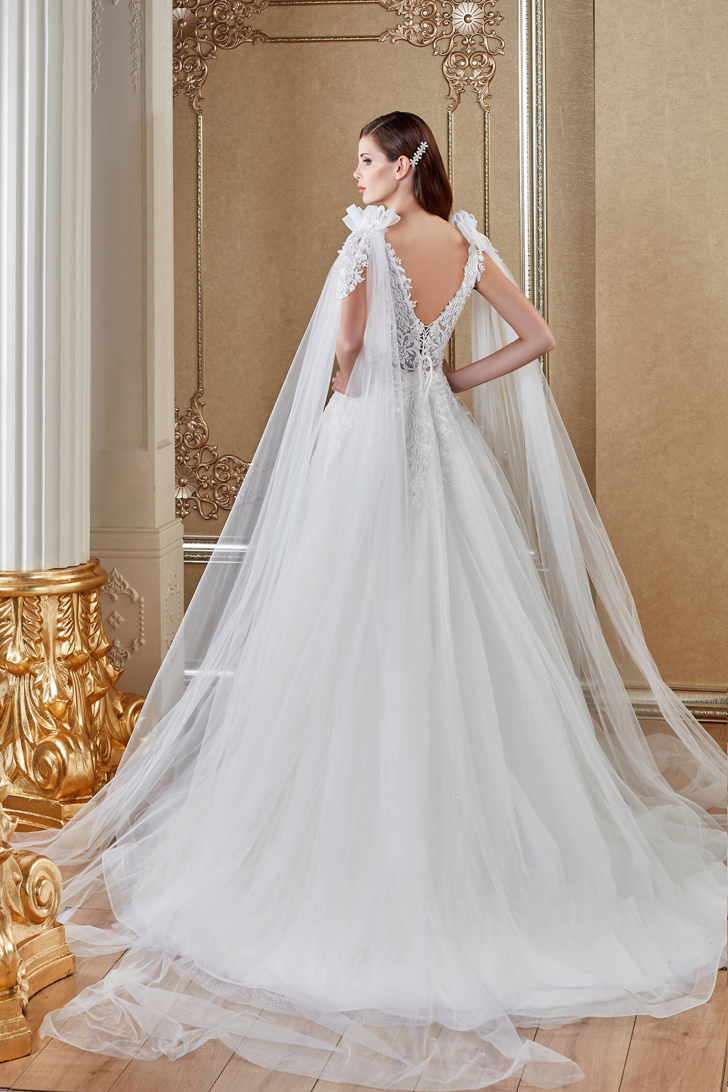 Deep V-Neck Shoulder Cape Detailed Transparent Helen Wedding Dress