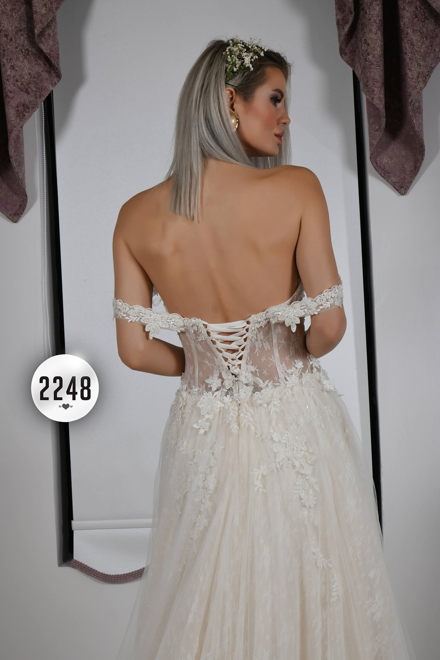 V-Neck Long Sleeve Sheer Bodice Princess Wedding Dress