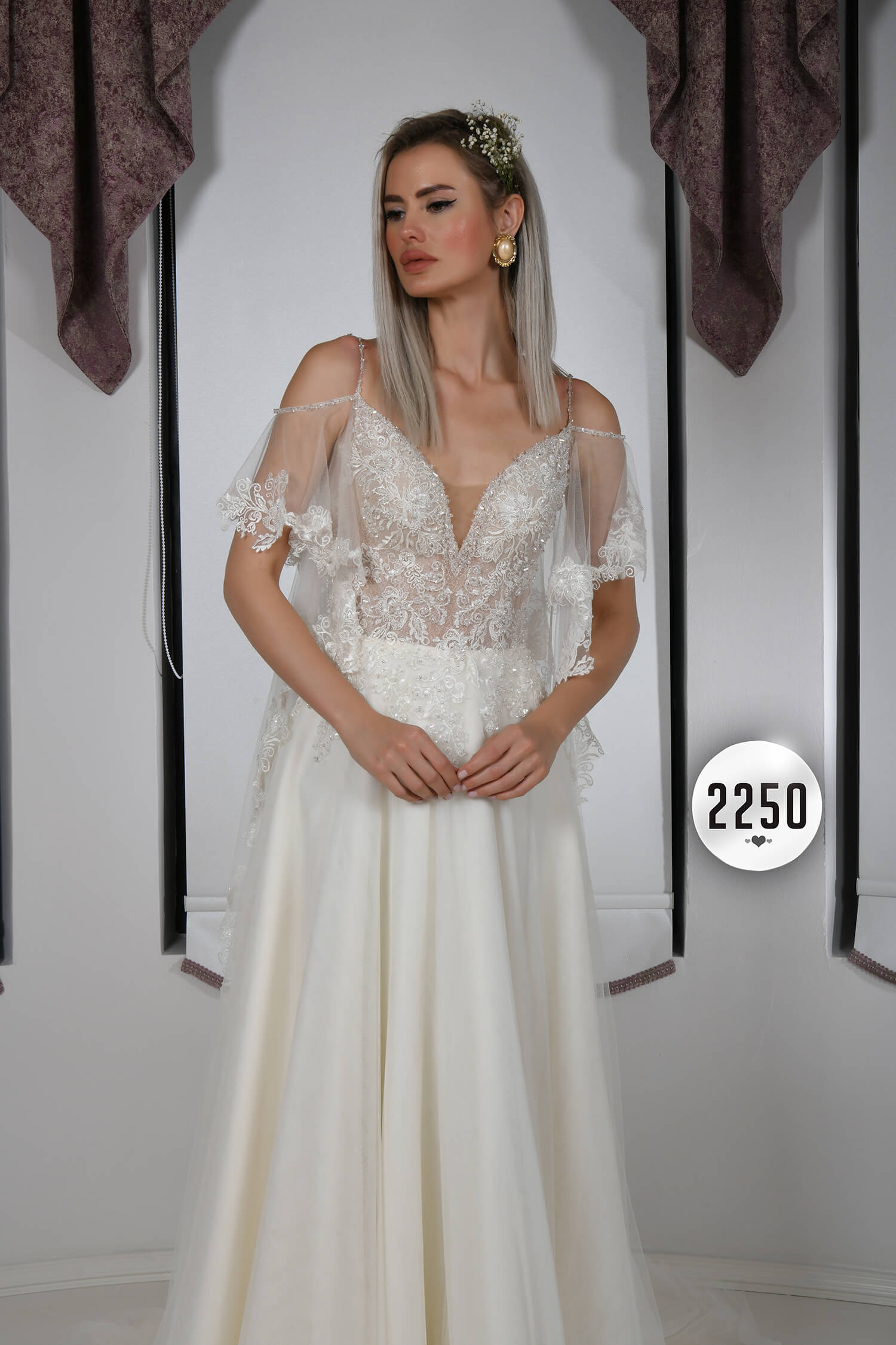 Plunging V-Neck Crystal Sleeve Detailed Princess Wedding Dress