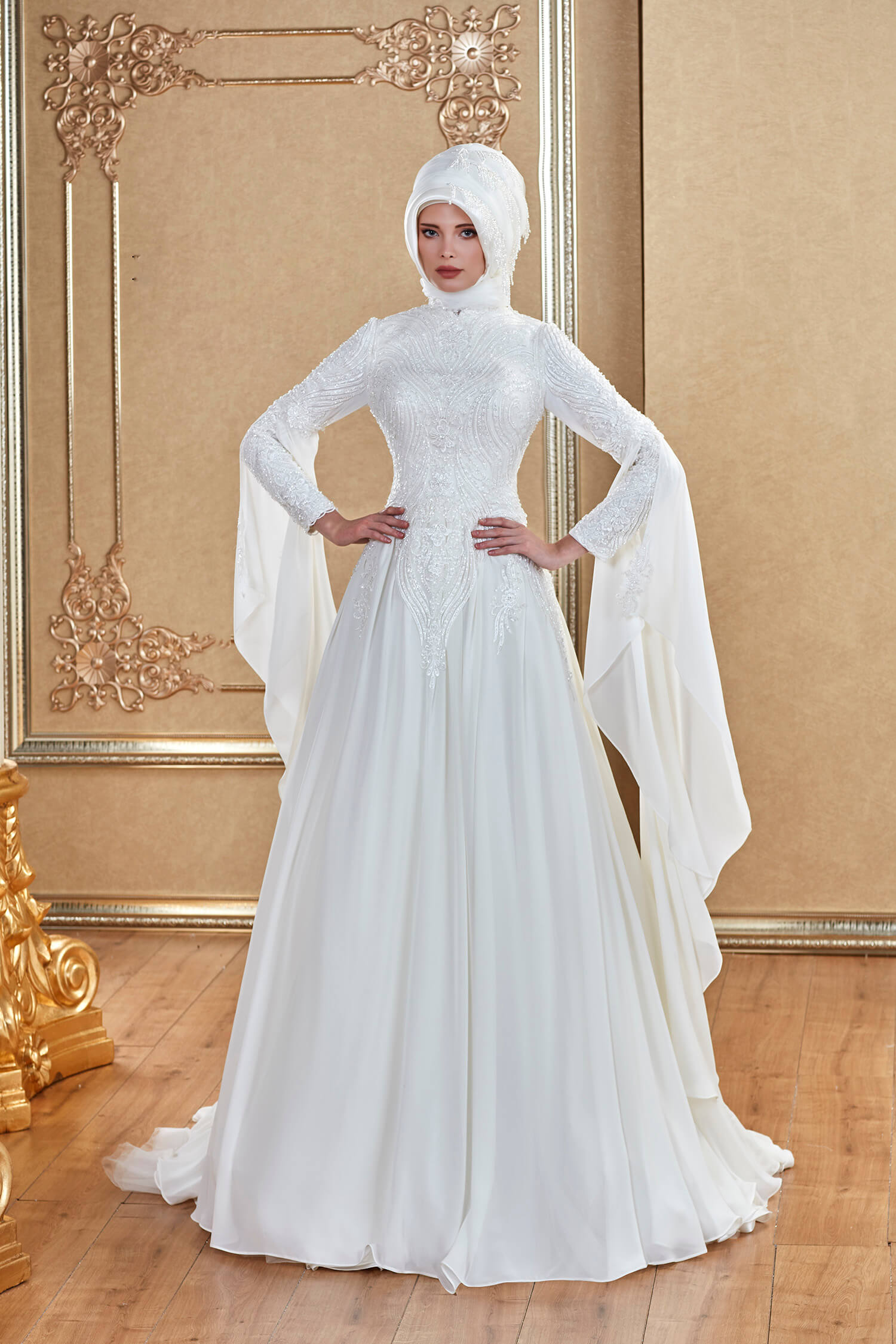 Long Sleeve Lace Embroidered Princess Hijab Wedding Dress