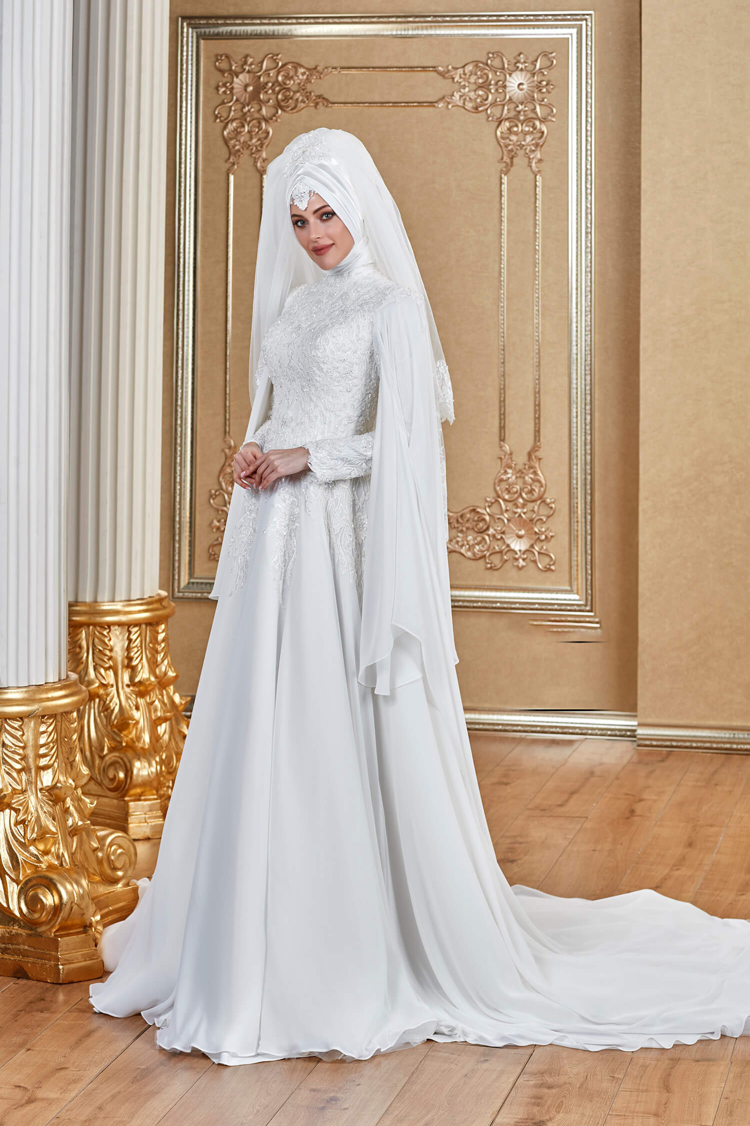 Princess Hijab Wedding Dress on Sequined Glittering Tulle