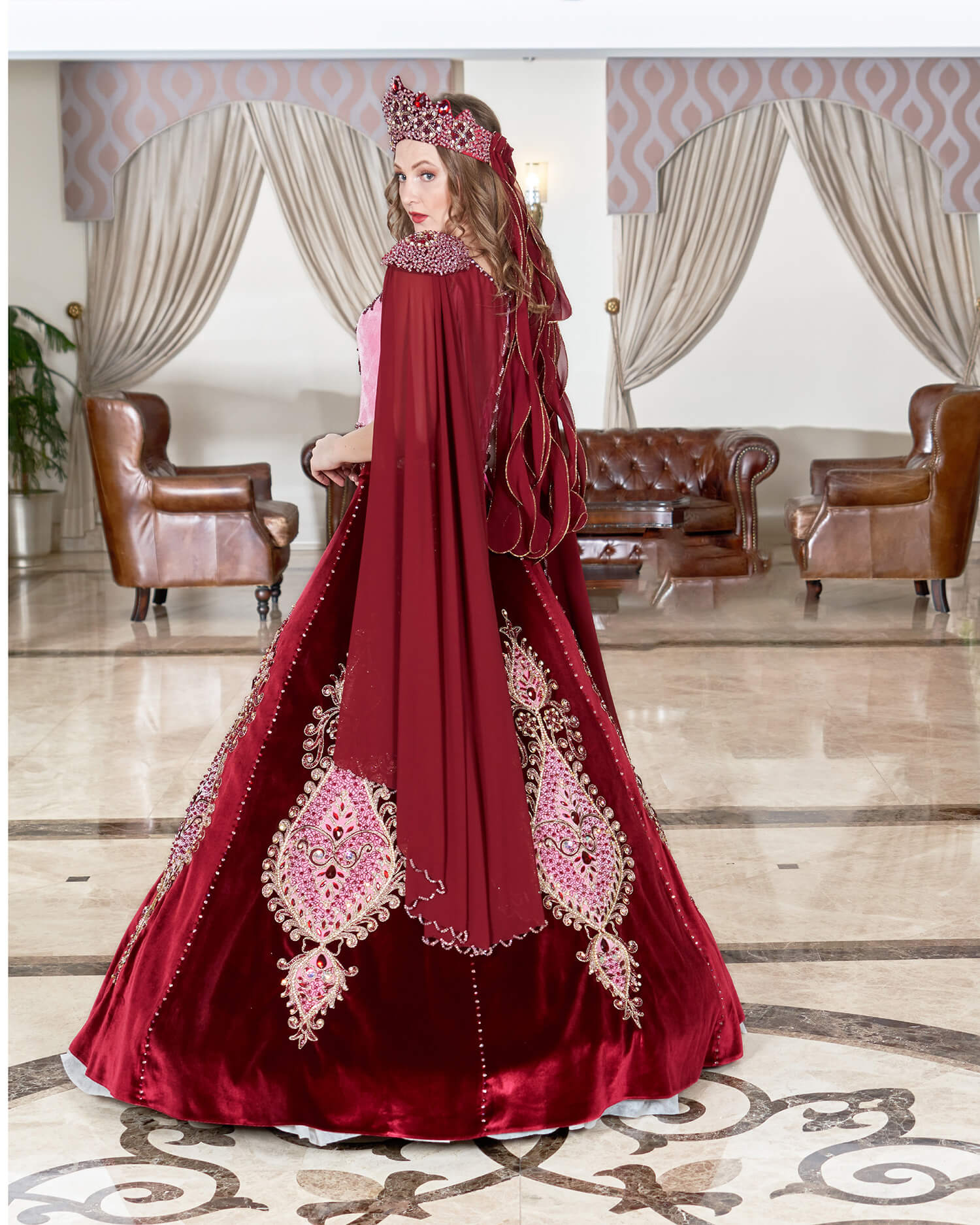 Claret Red Henna Dress with Cape