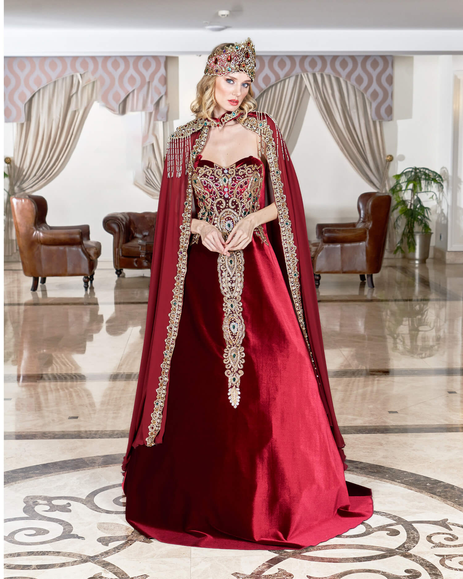 Claret Red Henna Night Dress With Cape
