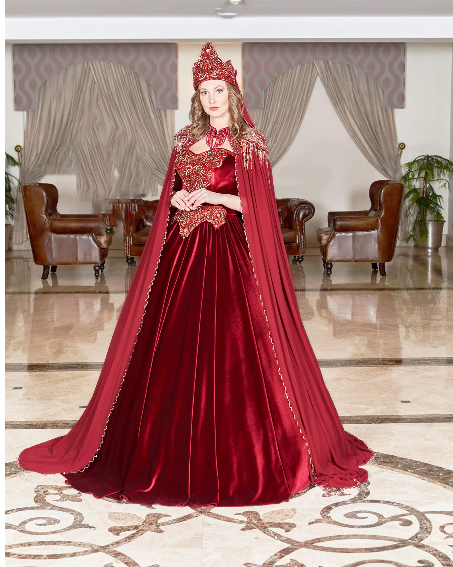 Red Henna Night Dress with Cape