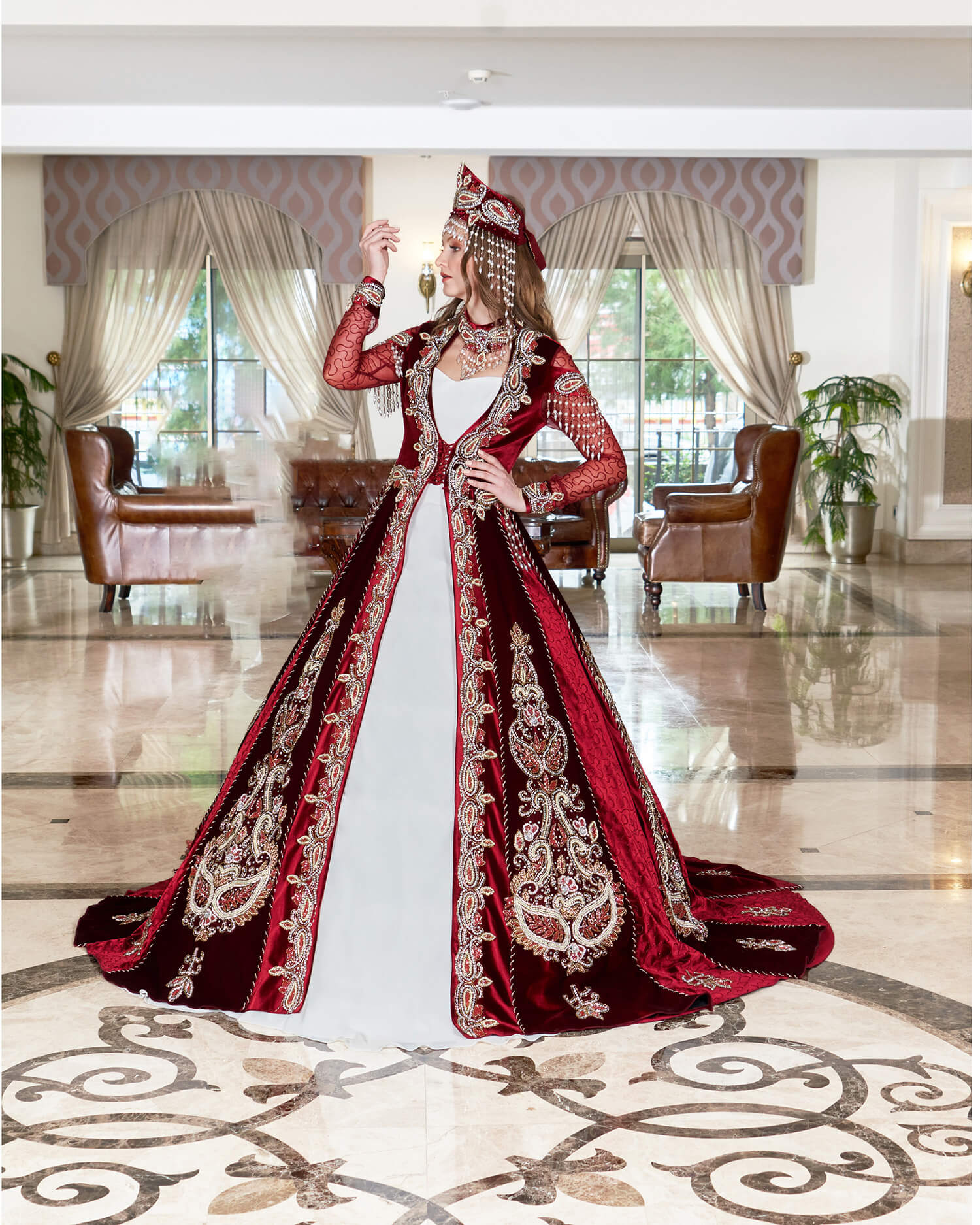 Traditional Style Claret Red White Henna Dress