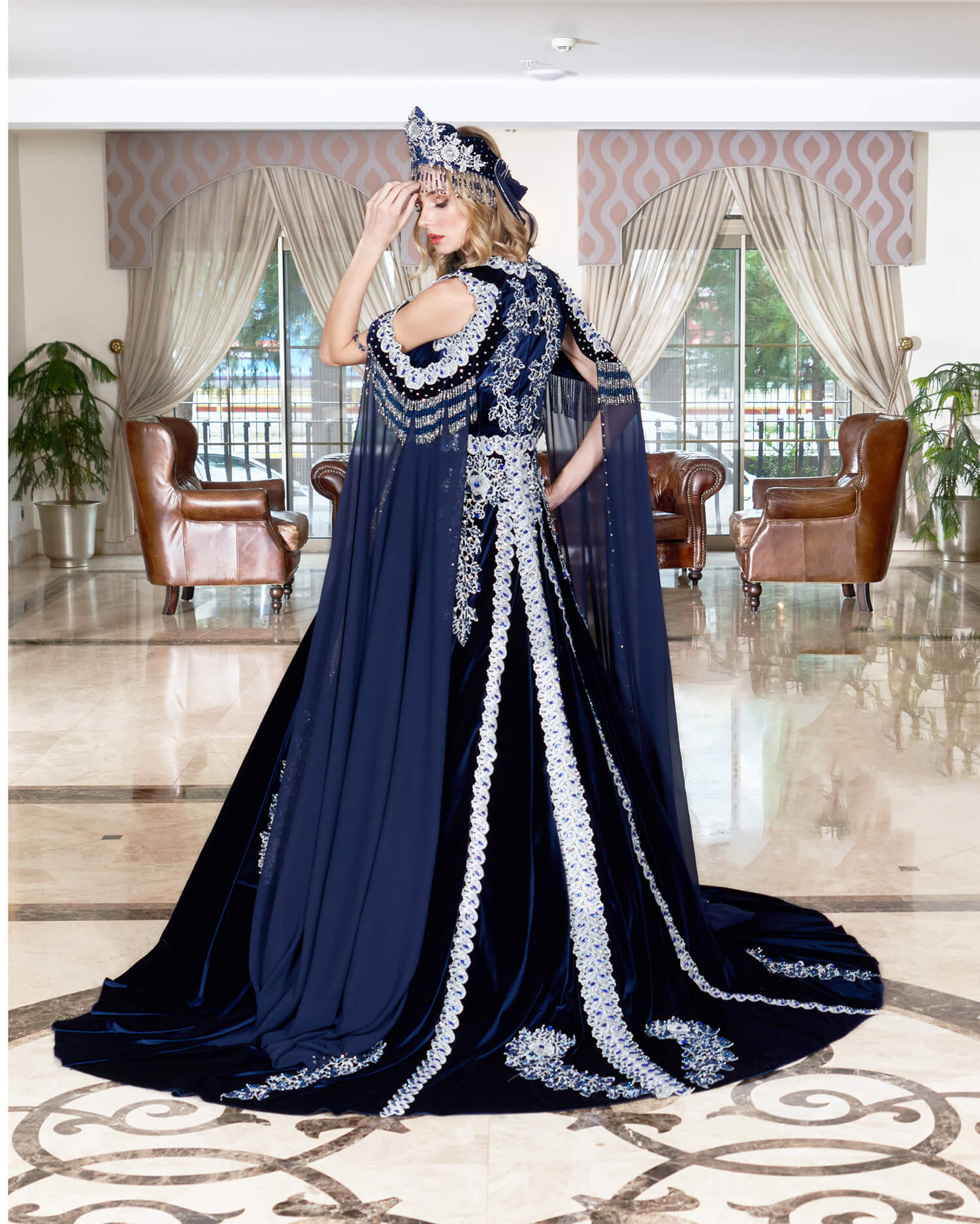 Navy Blue White Fluffy Henna Dress With Cape