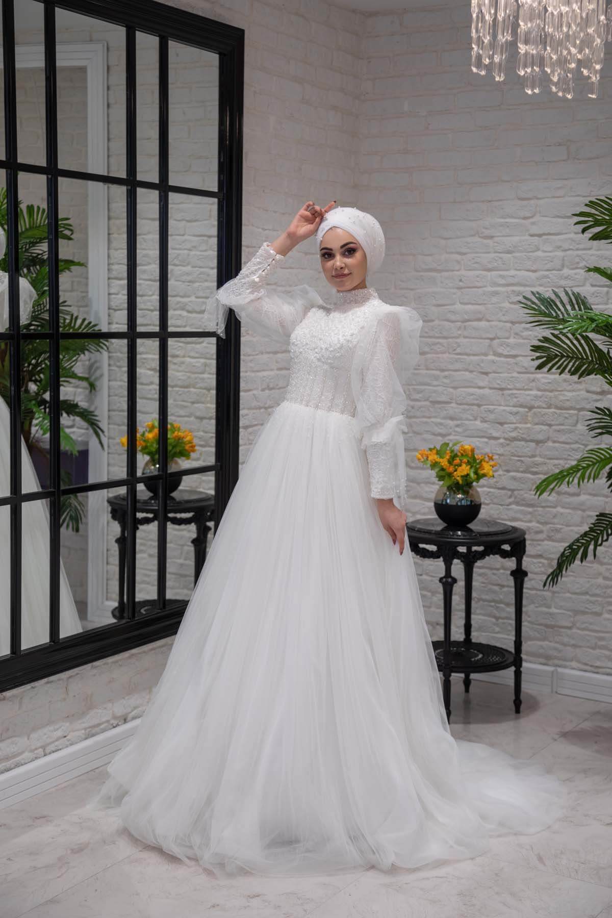 A-Line Hijab Wedding Dress with Lace Embroidered Train
