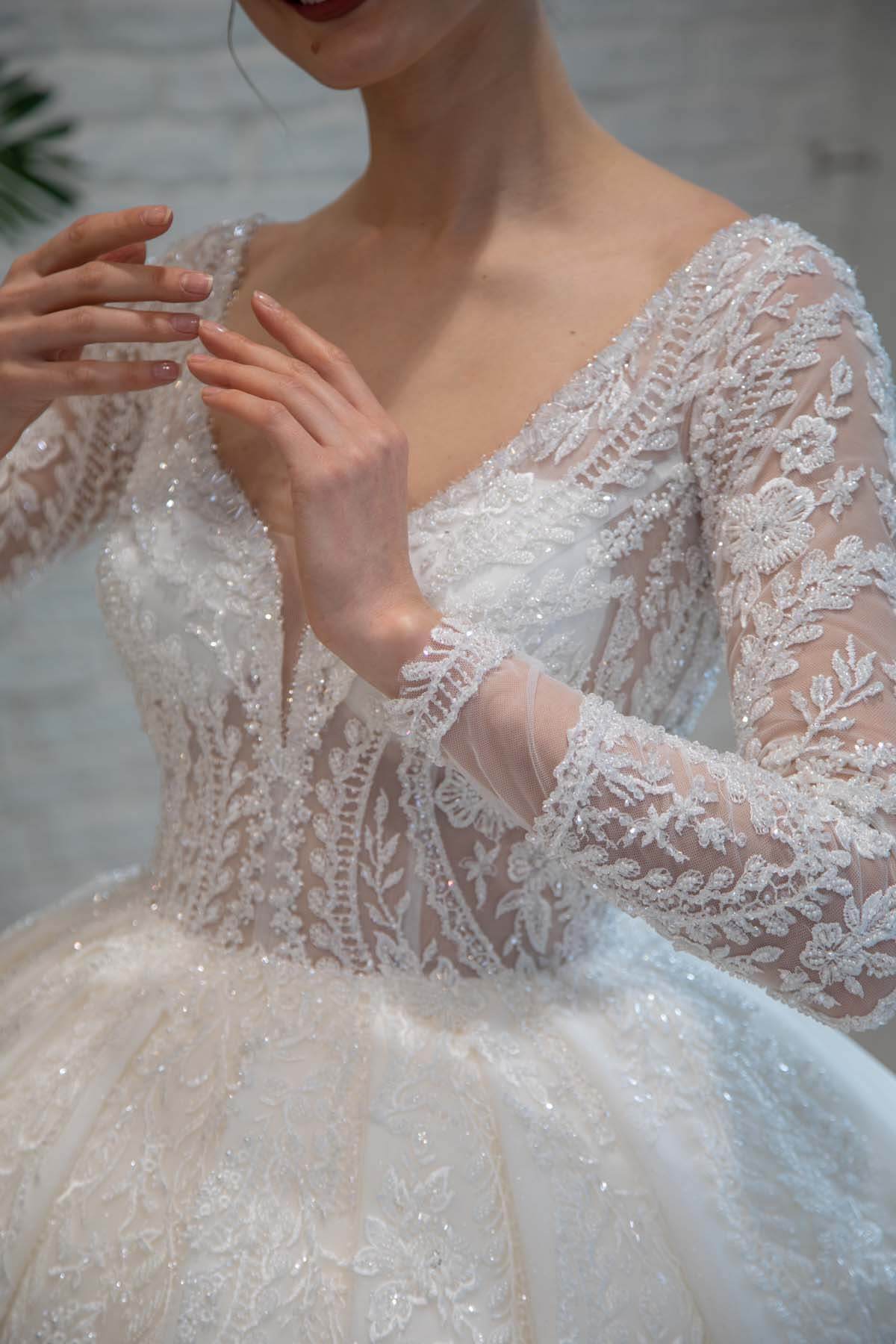 Long Sleeve Lace Embroidered Princess Model Wedding Dress