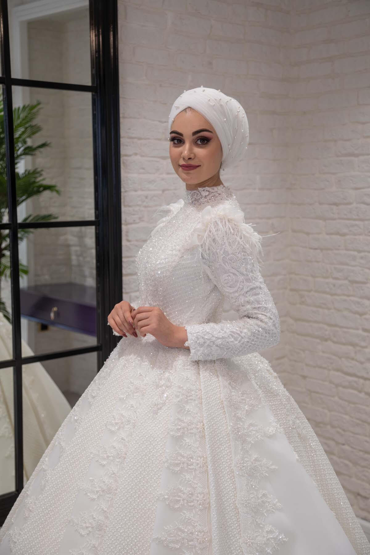 Spanish Sleeve 3D Floral A-Line Hijab Wedding Dress