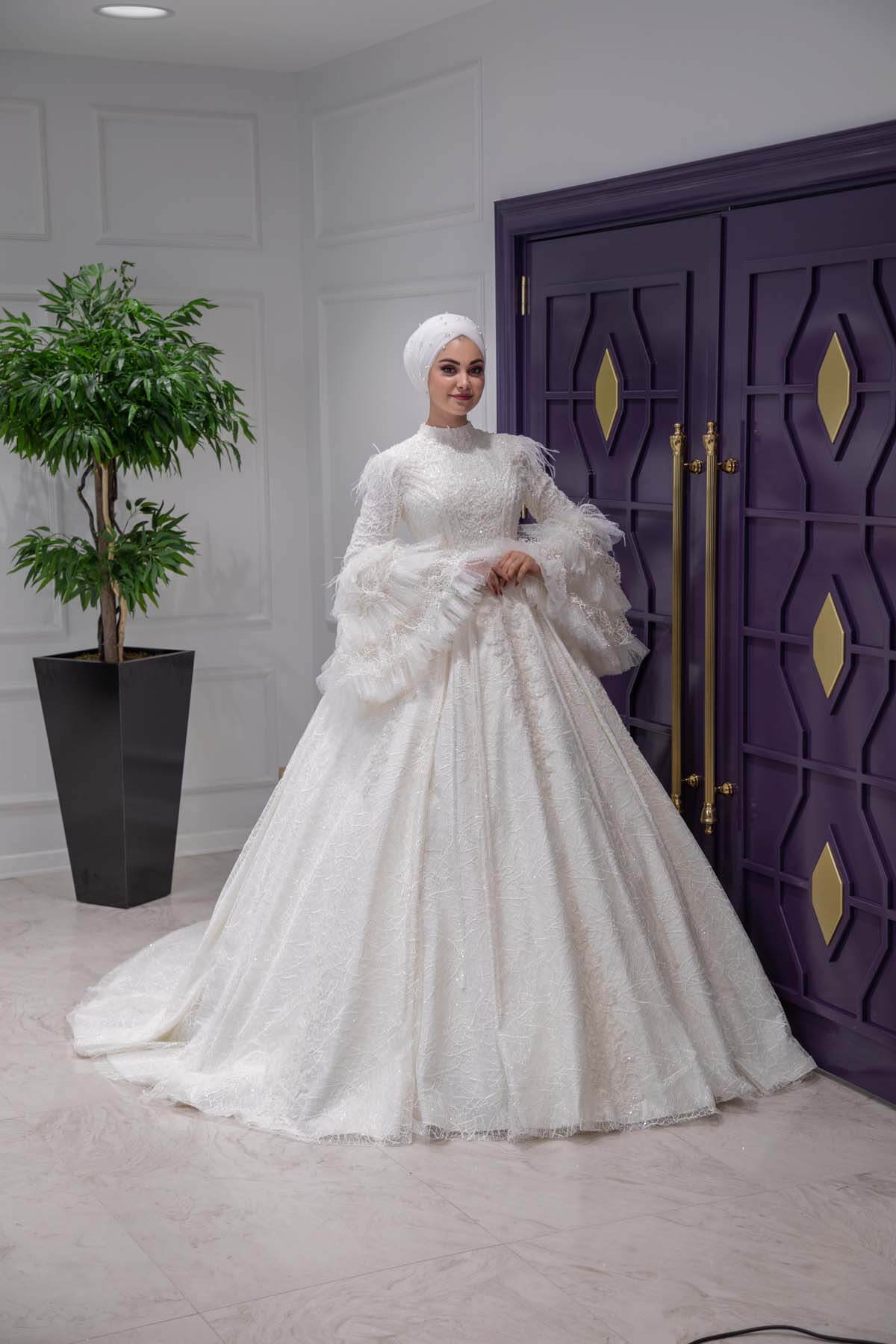 Crystal Embroidered Spanish Sleeve Helen Hijab Wedding Dress