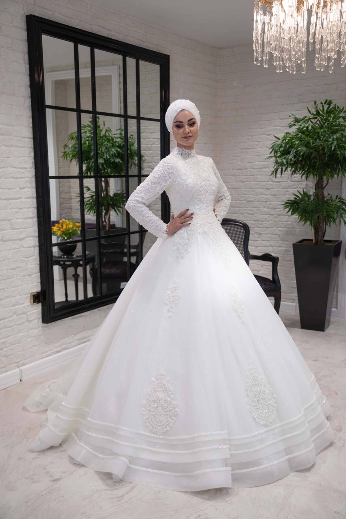 Judge Collar Stone and 3D Embroidered Hijab Princess Wedding Dress