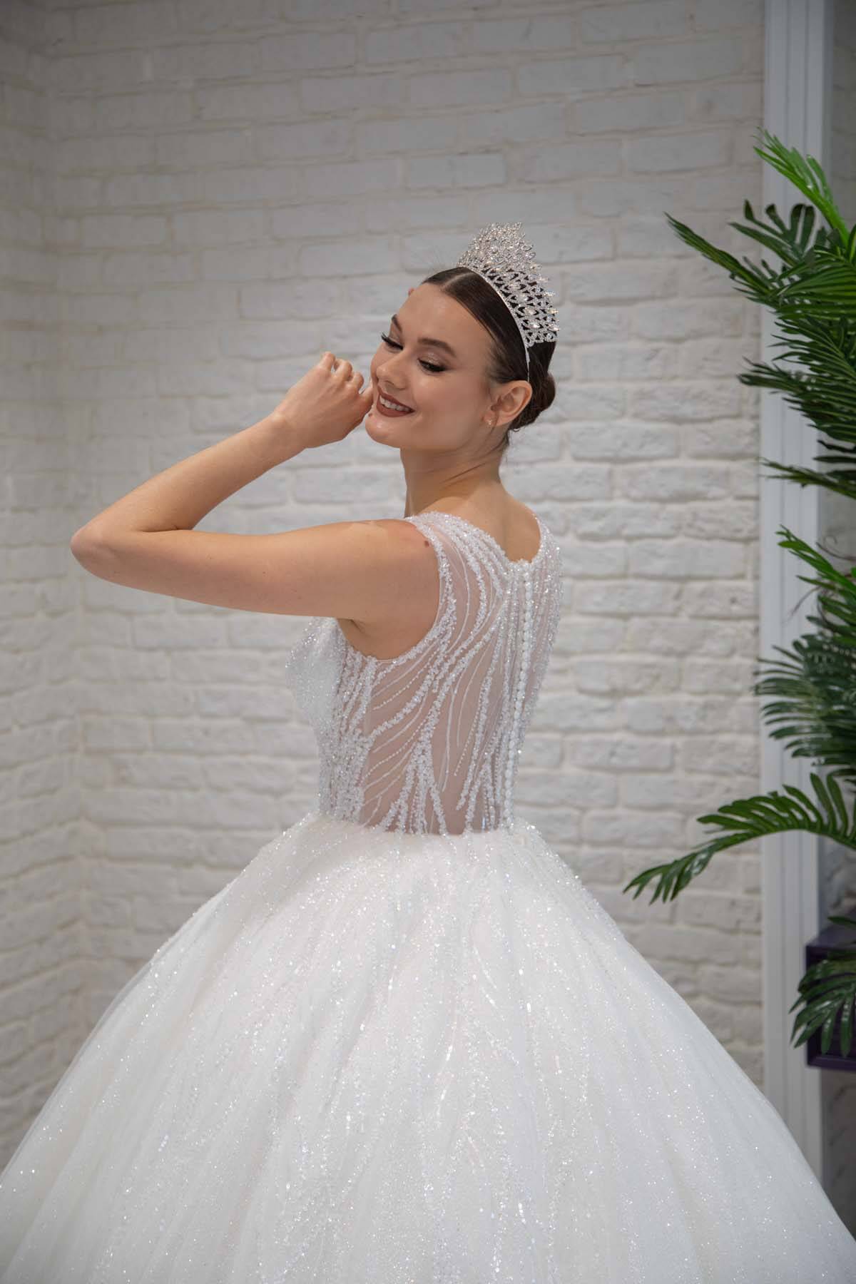 Crystal Stone Embroidered V-Neck Princess Wedding Dress