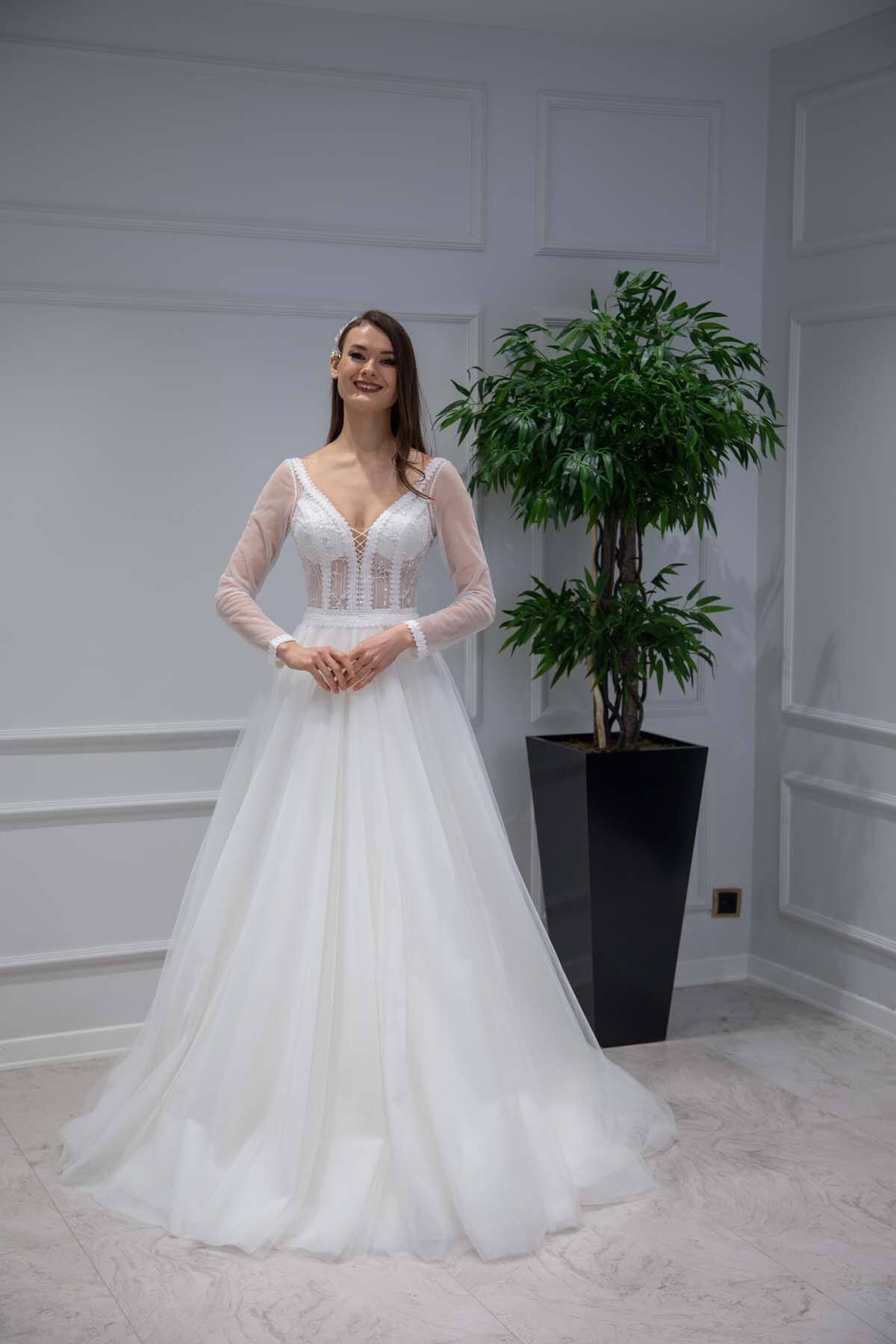 Deep V-Neck Long Sleeve Lace Embroidered Sheer Helen Wedding Dress