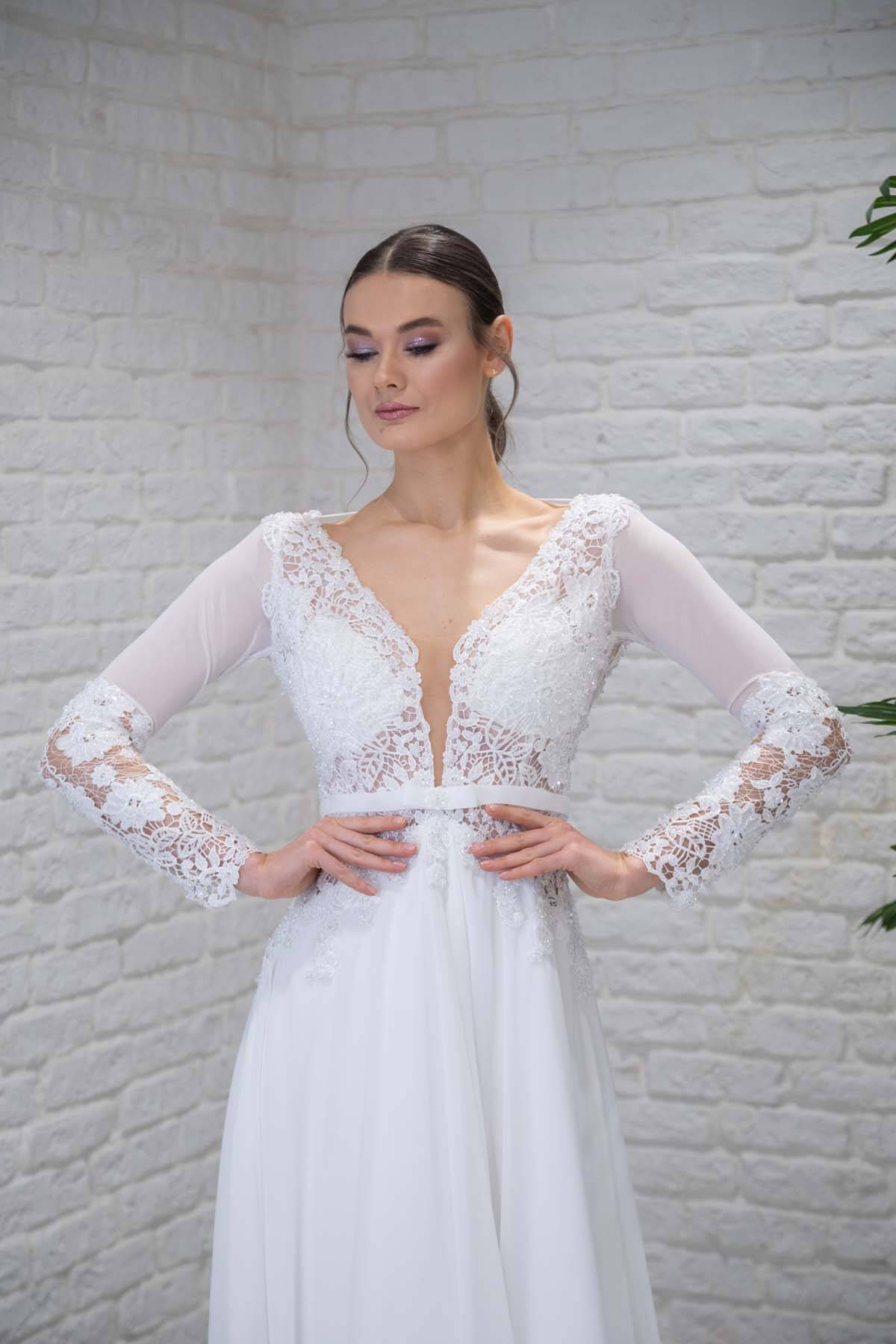 Deep V-Neck Long Sleeve Lace Embroidered Helen Wedding Dress