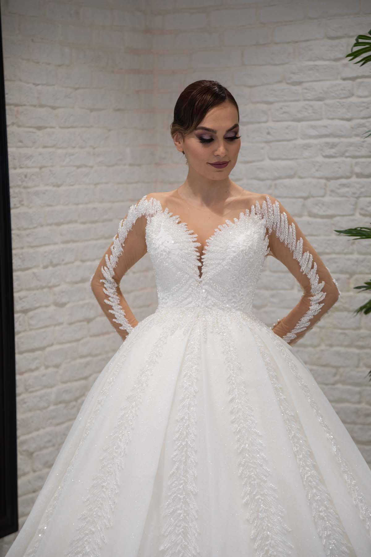 Crystal Stone Embroidered A-Line Wedding Dress with Arm Decollete
