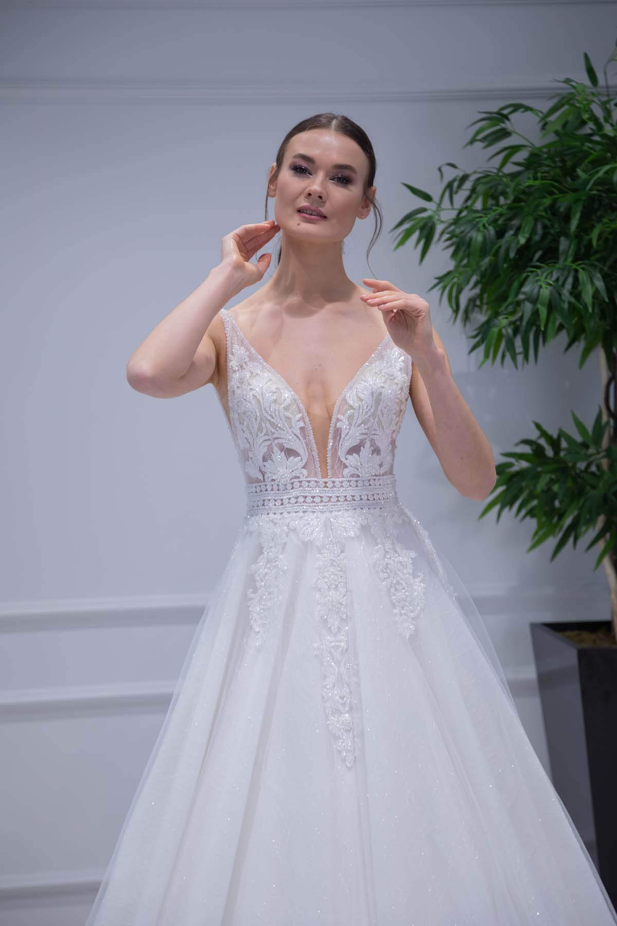 Deep V-Neck Helen Wedding Dress with Low-Cut Decollete