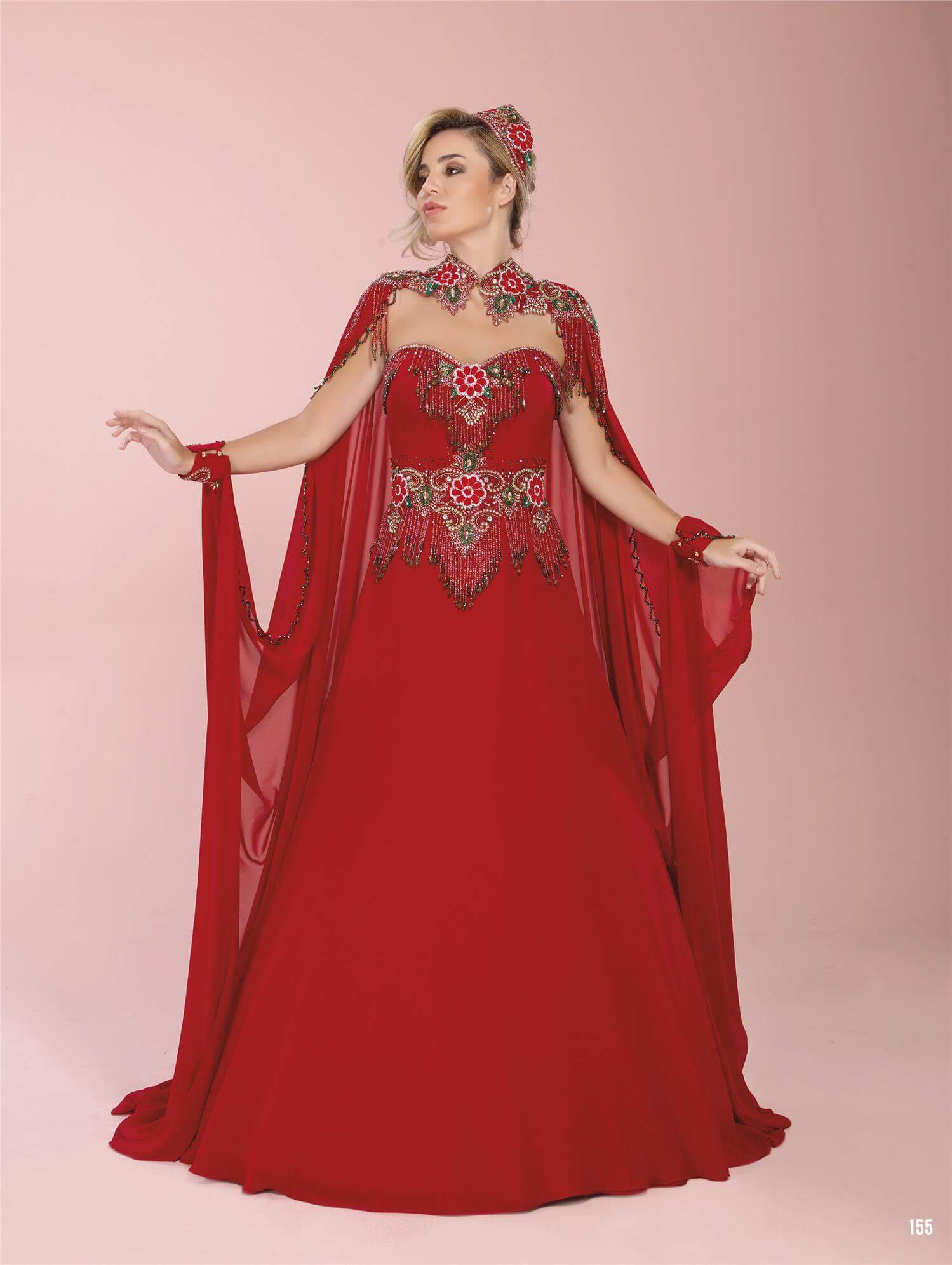 Red Fluffy Henna Dress with Cape