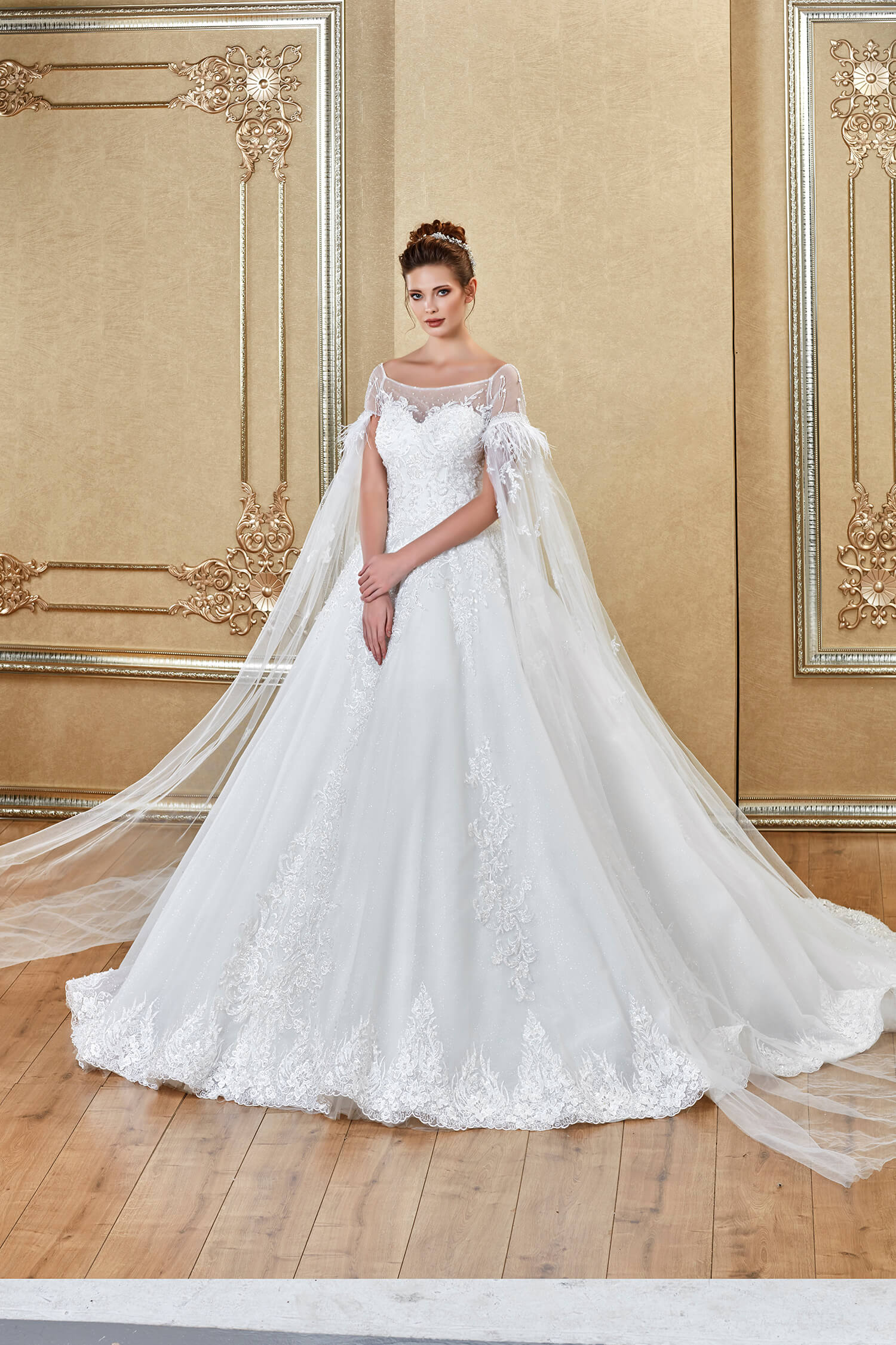 Illusion Heart Neck Tulle Cape Sleeve Detailed Princess Wedding Dress