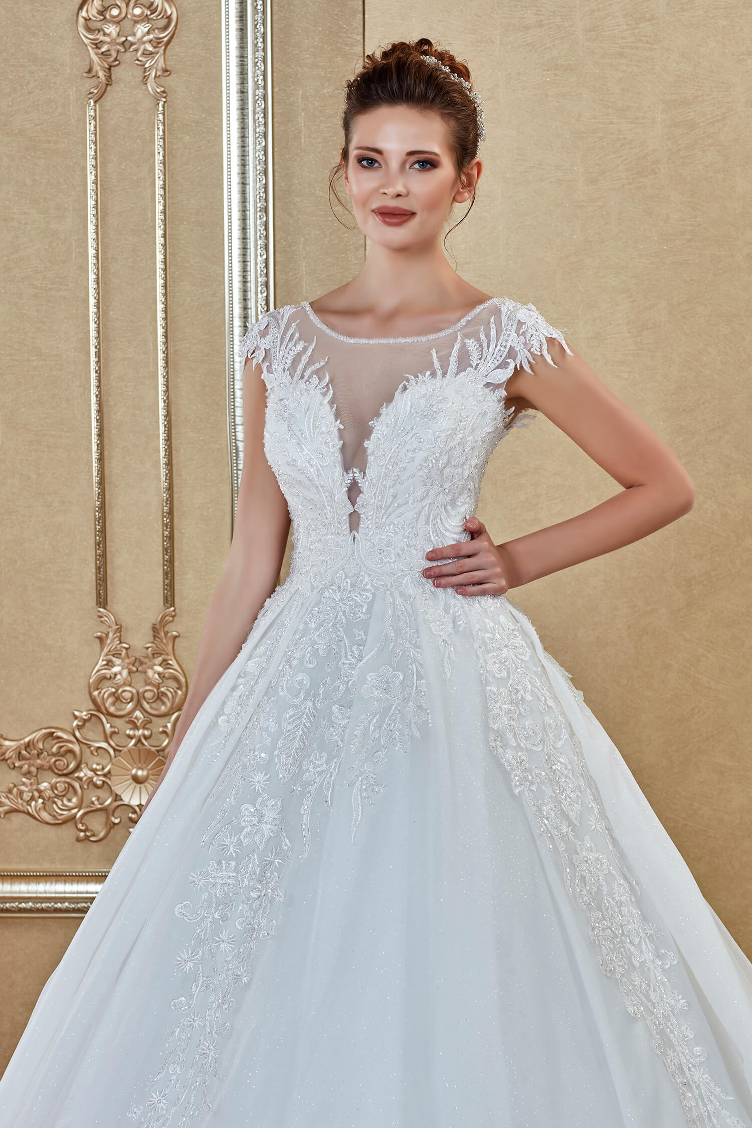 Illusion Neck Cap Sleeve Deep V-Neck Tailed Princess Wedding Dress