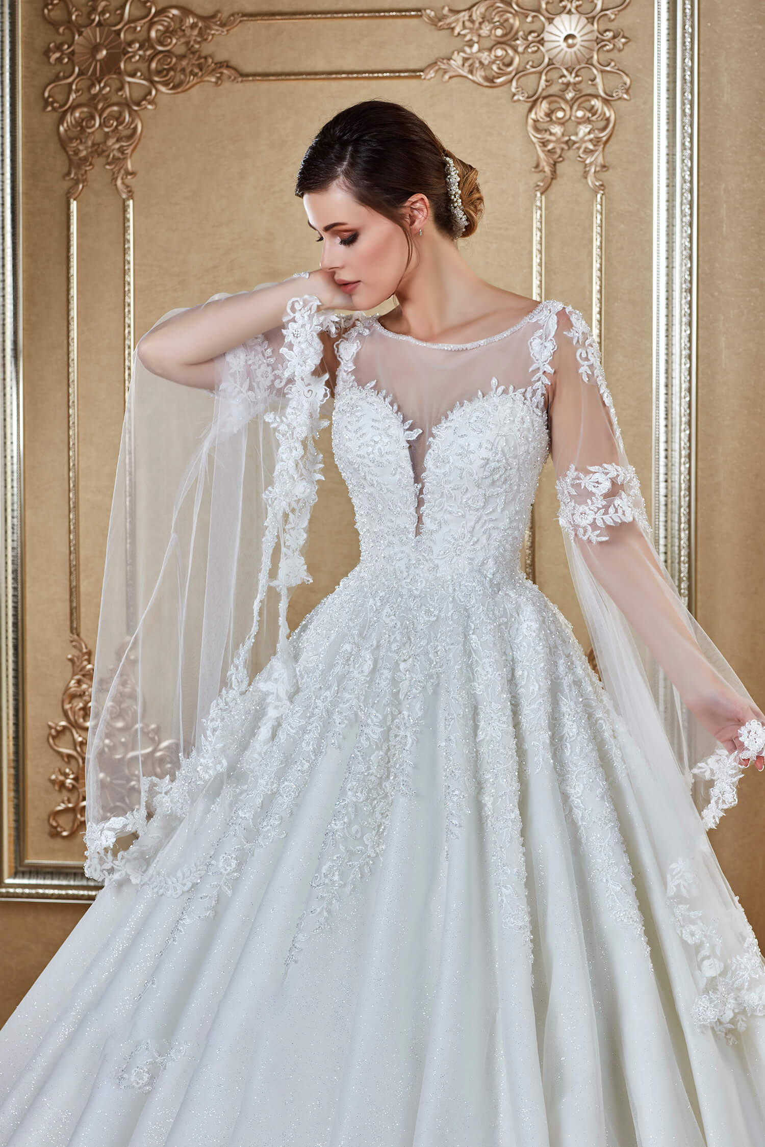 Illusion Neckline Spanish Sleeve Tail Princess Wedding Dress