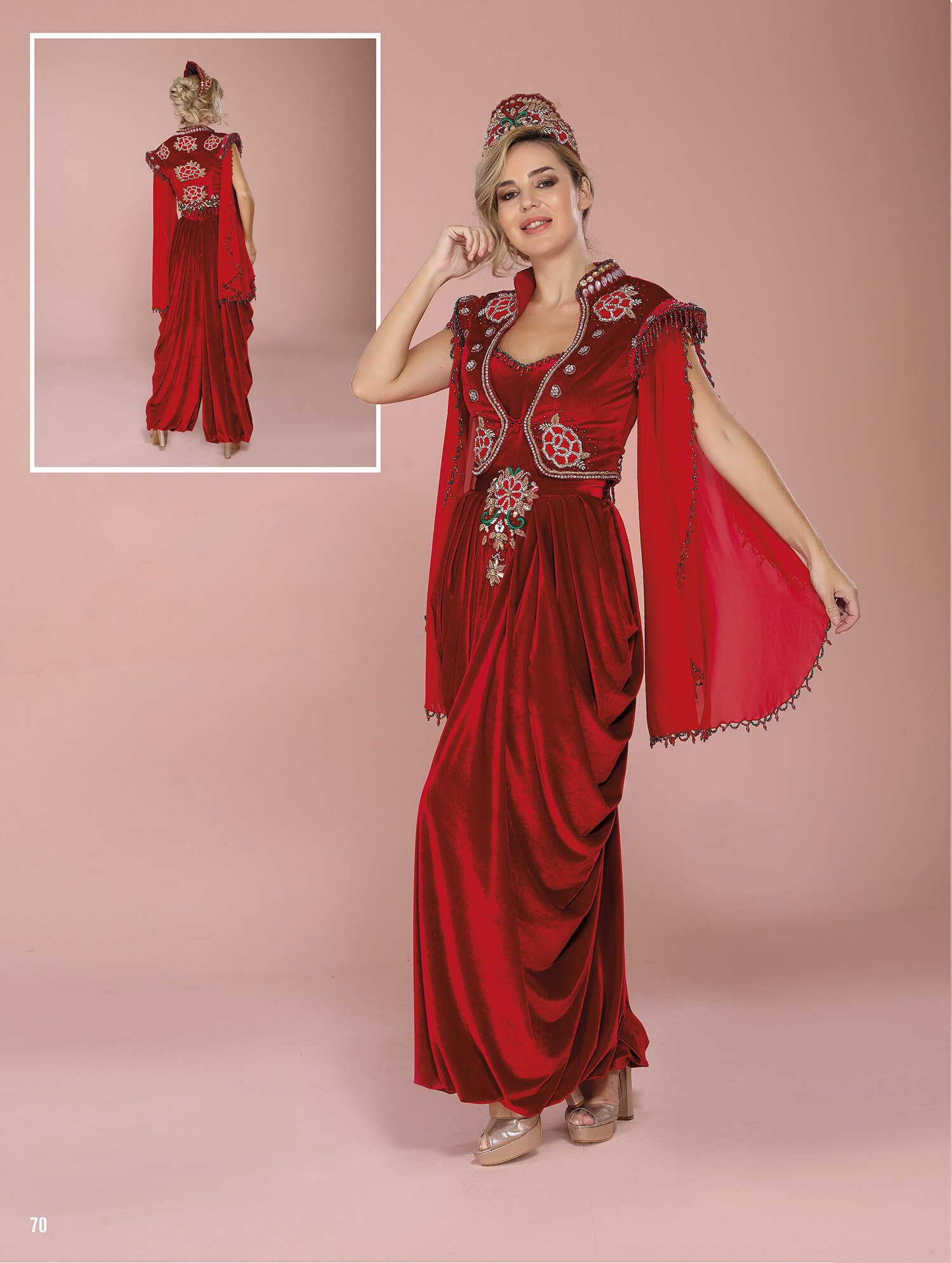 Red Shalwar Henna Dress With Cape