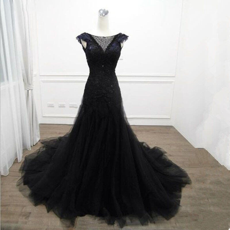 Tulle Black Long Fishtail Wedding Dress