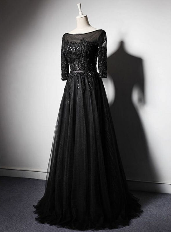 Stone Embroidered Transparent Long Black Wedding Dress