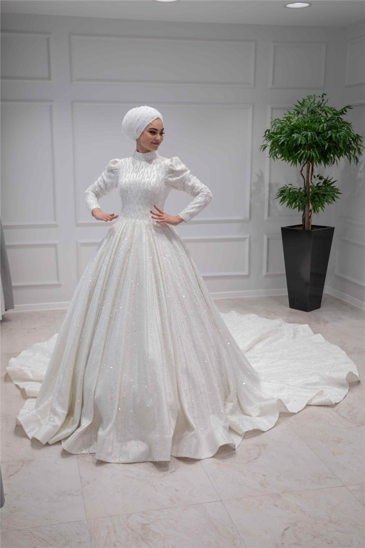 3D Embroidered Judge Collar A-Line Hijab Wedding Dress