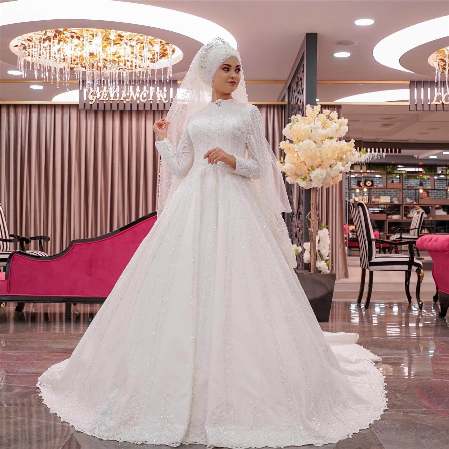 Cloaked Sleeve Detailed A-Line Hijab Wedding Dress