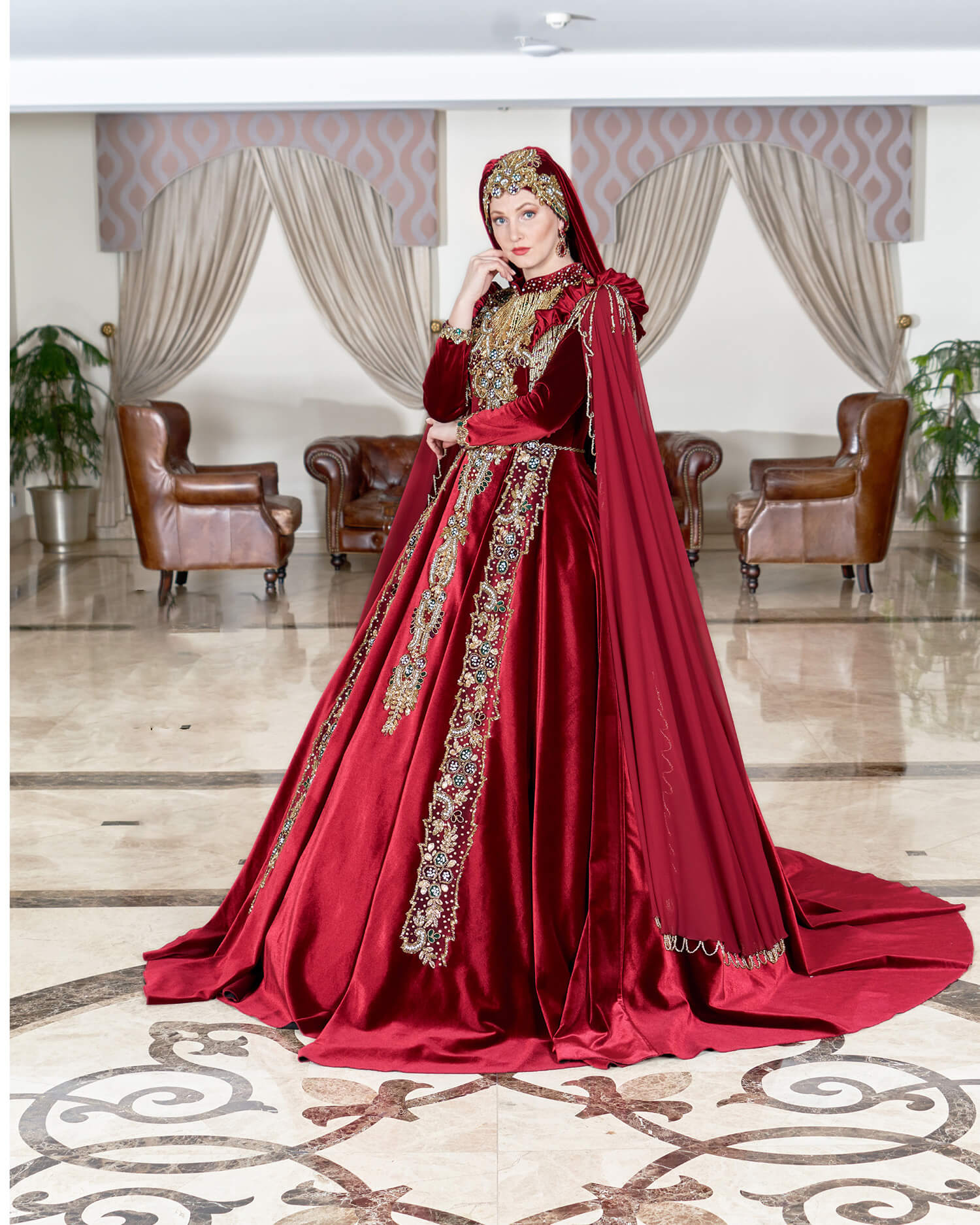 Traditional Claret Red Hijab Henna Dress
