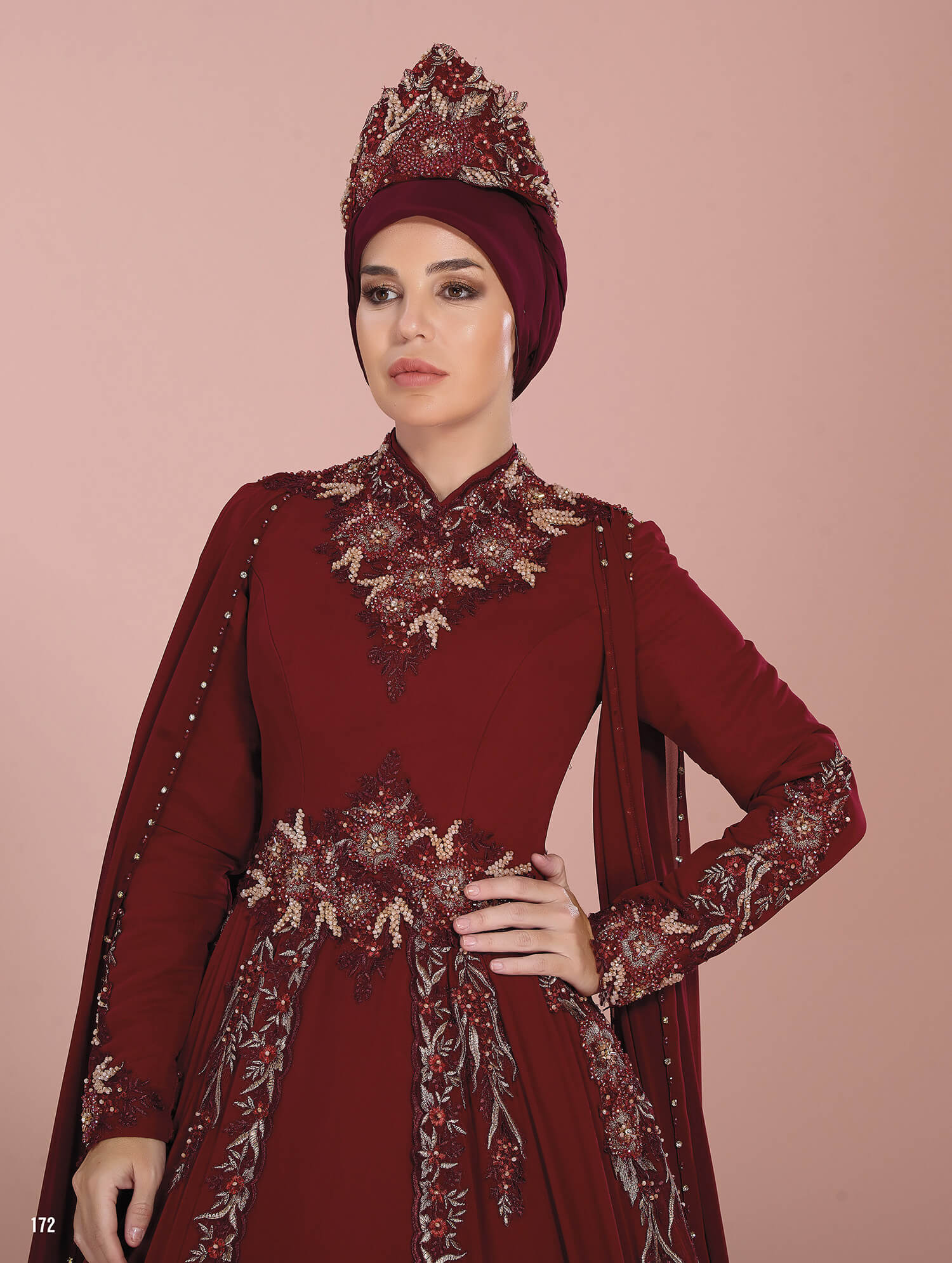 Traditional Hijab Henna Dress with Cape Claret Red