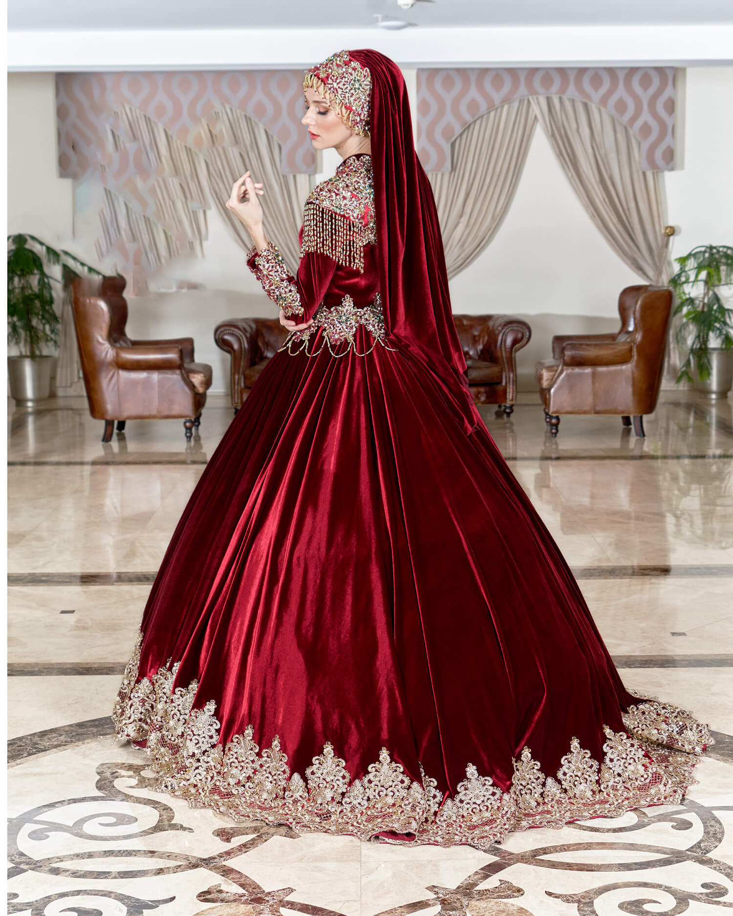 Fluffy Claret Red Hijab Henna Dress