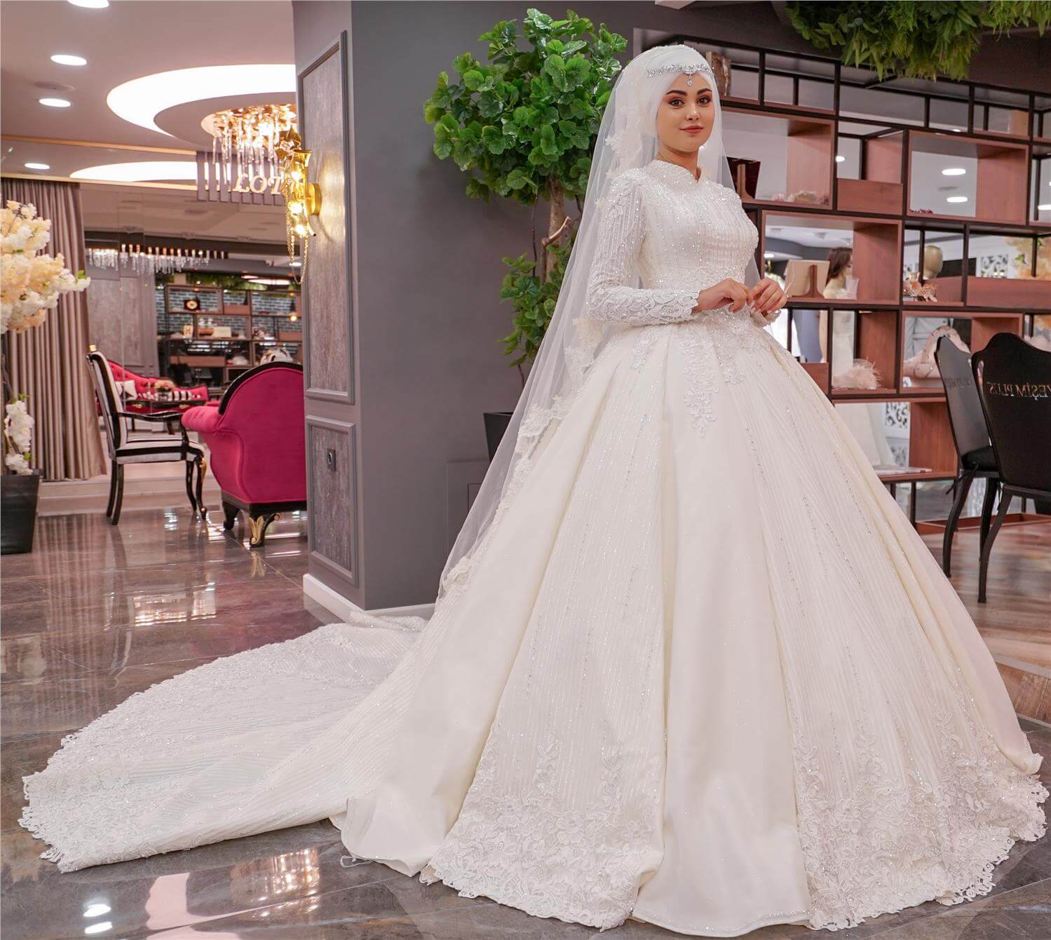Floral Embroidered Backless A Cut Hijab Wedding Dress
